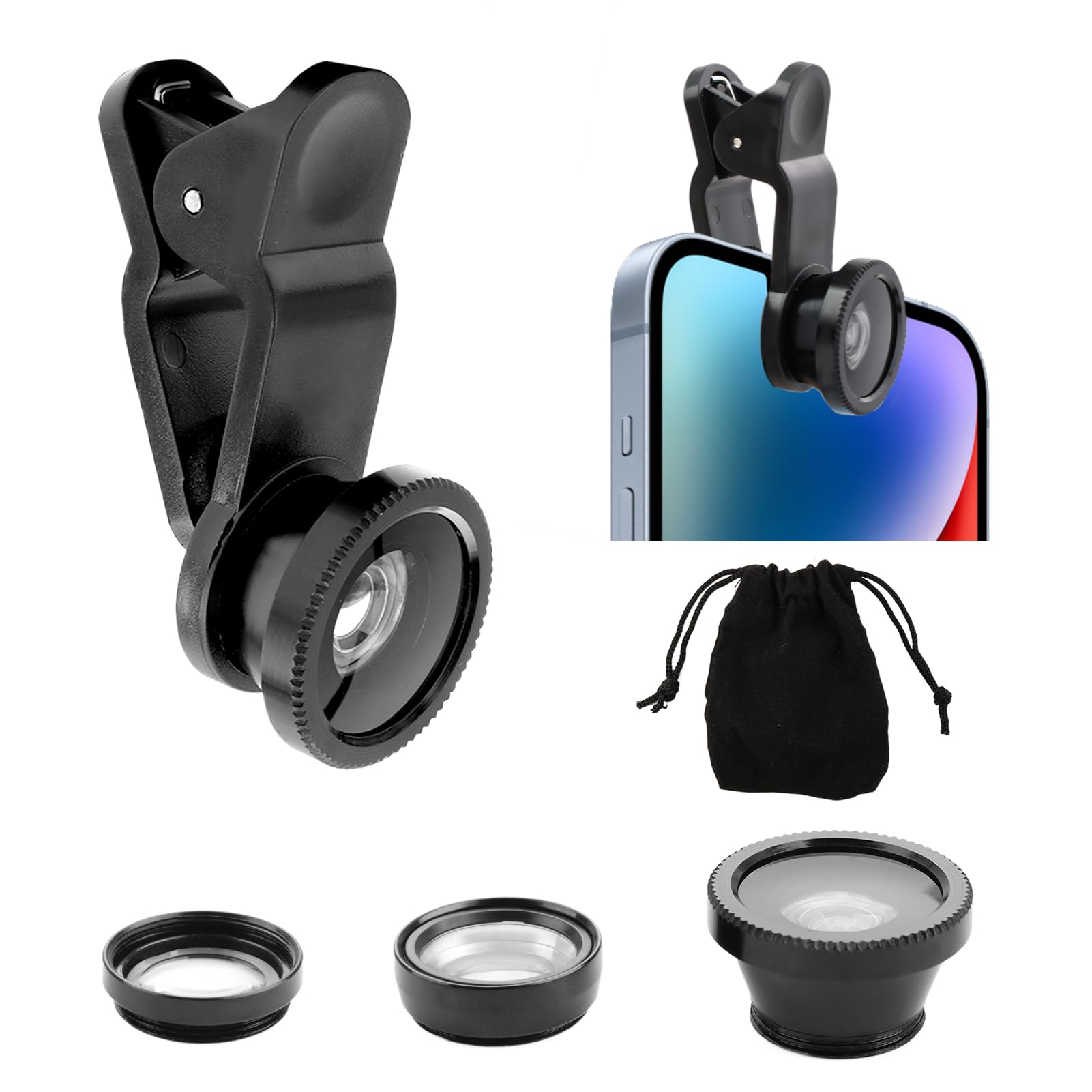 Hioip 5pcs 3 in 1 Mobile Phone Lens Set, Comes with 1 Bag, Fisheye + Wide Angle + Macro Lens for Phone Camera 3 in 1 Adapter Clip for Camera