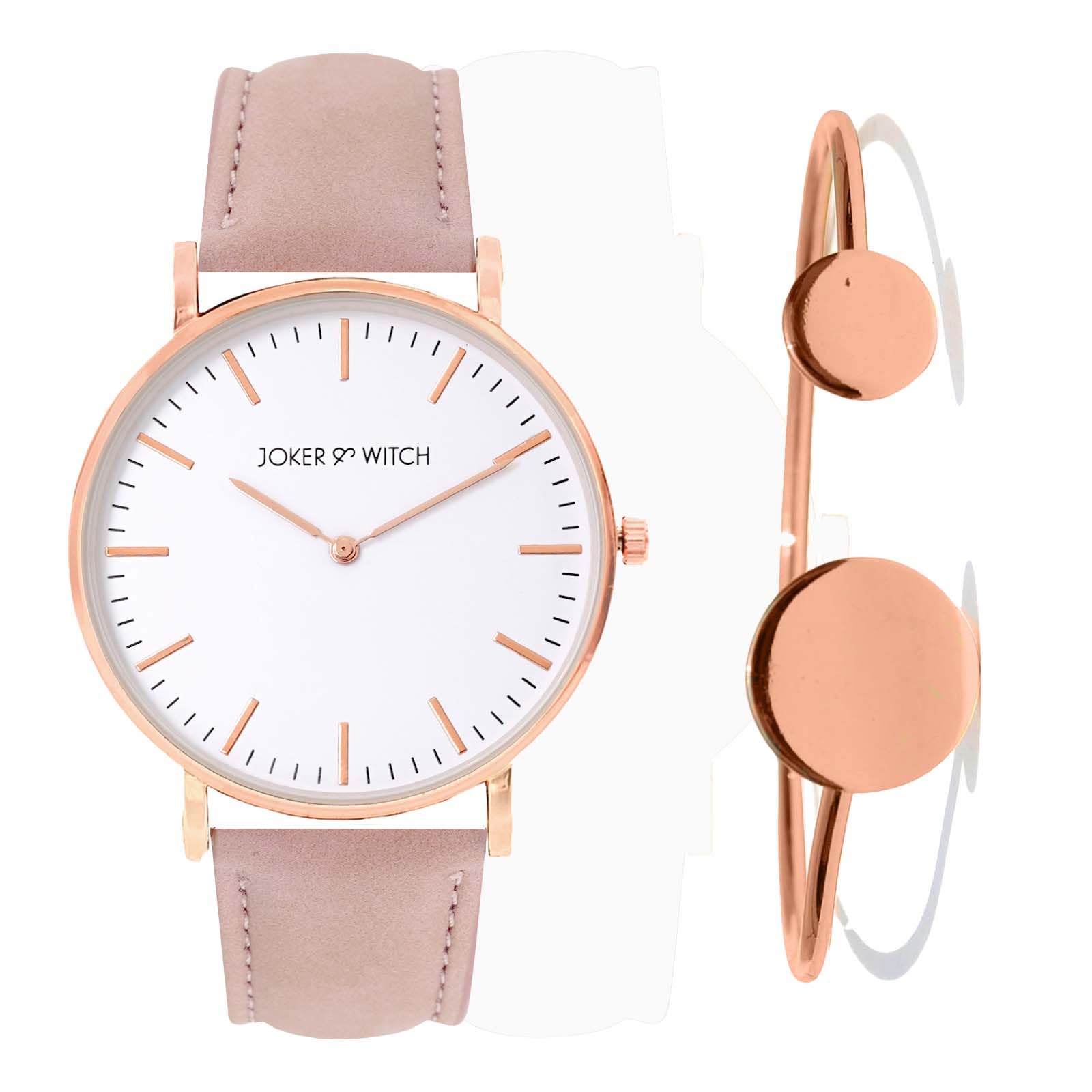 Joker & Witch Leather Rose Pink Analogue Watch Bracelet Gift Set For Women, White Dial, Black Band (B07S7D7D13) Amazon Price History, Amazon Price Tracker