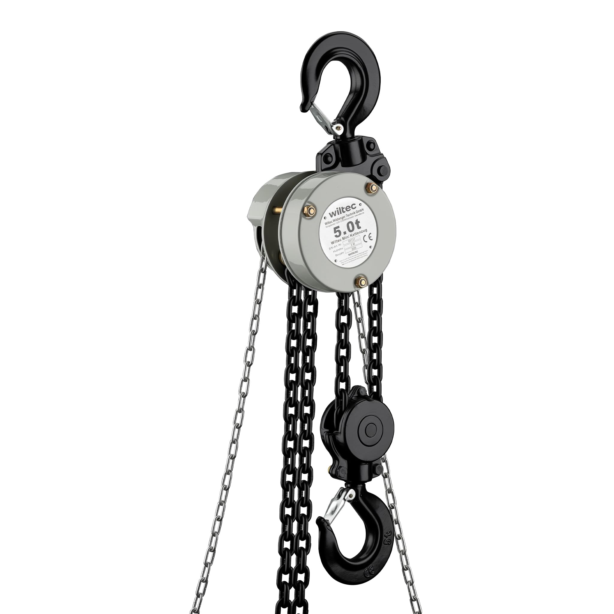 Wiltec Mini Kettenzug bis 5 t, robuster Handkettenzug 3 m Hubhöhe, Tragmittel mit 3 m Lastkette, Hebezeug manuell, hochbelastbares Hebemittel