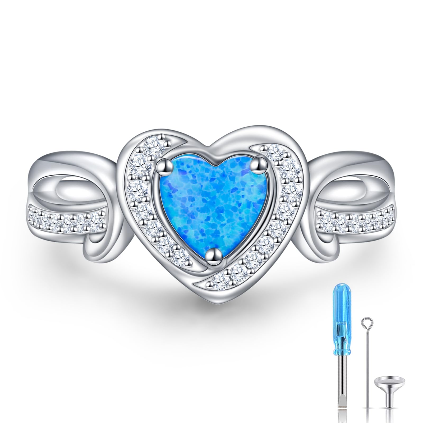 HOOHWE Heart Urn Rings for Ashes for Women 925 Sterling Silver Synthetic Opal Cremation Rings Urn Jewelry for Ashes of Loved Ones