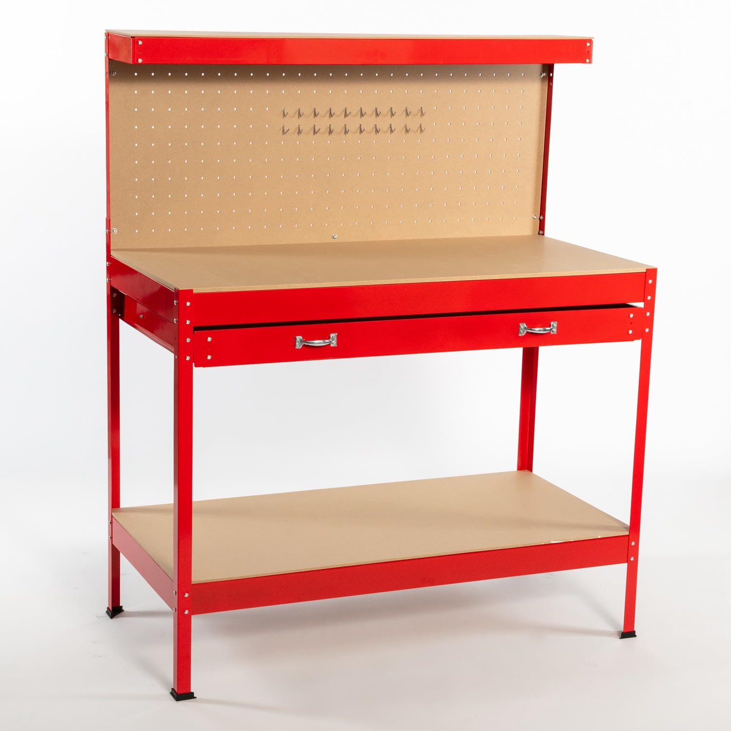 Foxhunter – Pannello forato per attrezzi lavoro banco da lavoro con attrezzi da garage in acciaio rosso con cassetti e ripiano per 12 pioli DIY workshop station