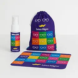 Lenço Mágico - Kit Limpeza Óculos Lenço Mágico Com Spray Eco 20ml c/ 290 aplicações, Flanela Microfibra 10x15cm e Saquinho Sustentável Portátil Limpa Óculos de Grau, Escuro, Telas e Eletrônicos