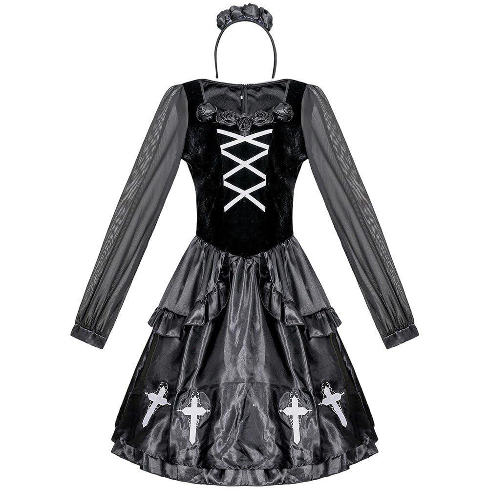 Western Ghost Nun Costume, Halloween Cosplay Outfit Creepy Black Dress with Headband for Women