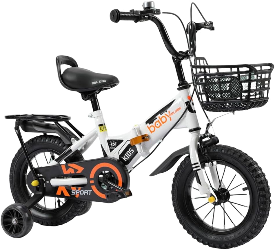 Childrens Bicycle Cute Kids Bike Toddler Bicycle Foldable 12 14 16 18 20 Inches Height Adjustable with Training Wheels and Basket Easy Assembly for Boys and Girls Ages 2-7 Birthday Gift 16