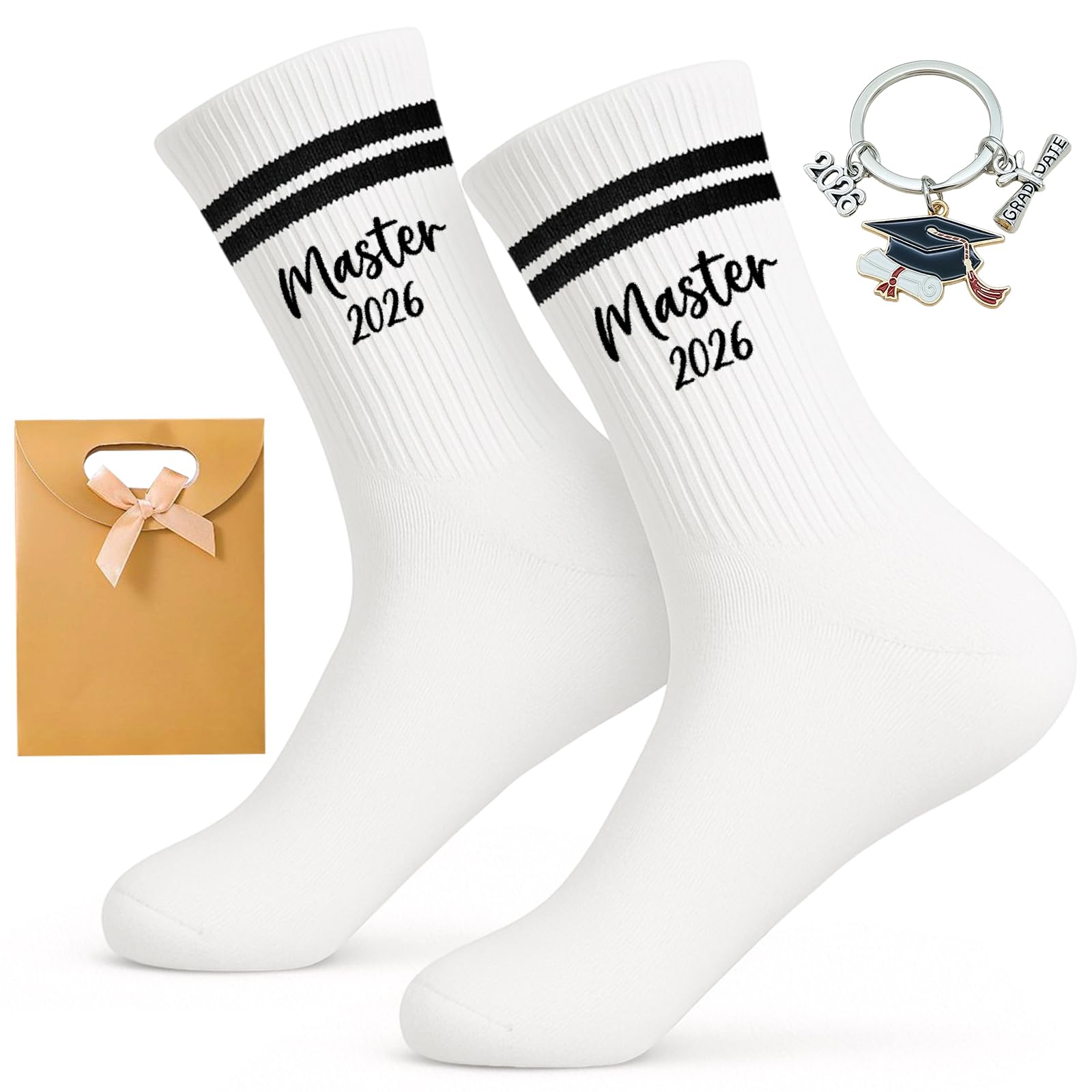 Master Abschluss Geschenk Set 2026 – Master Geschenk Socken Mit Strickmotiv Eu 36-44 , Edelstahl Schlüsselanhänger & Geschenktaschen – Graduation Gift Für Damen Herren, Geschenke Zum Masterabschluss