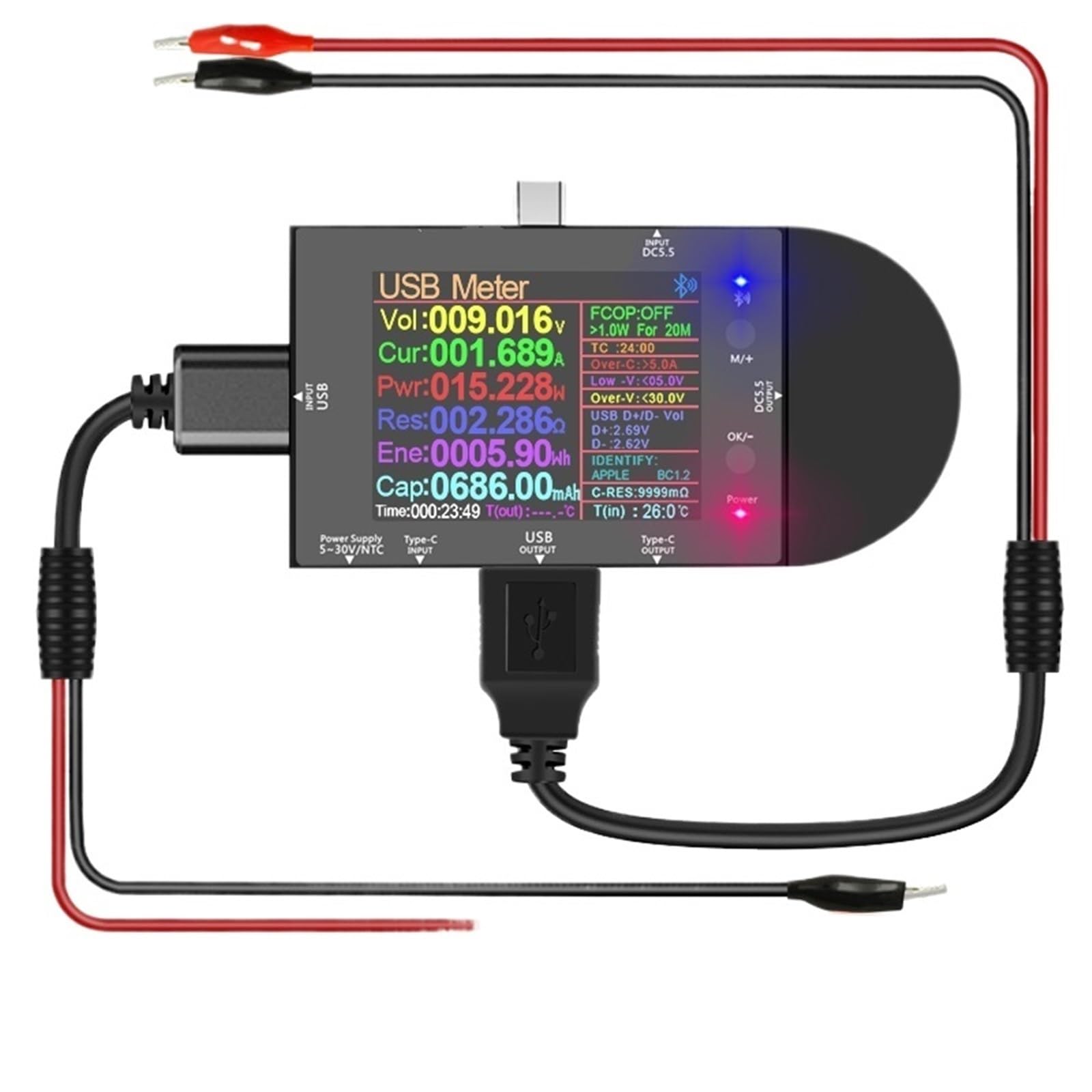 1 probador digital de voltímetro amperímetro, detector de voltaje de banco de energía, voltios, amperios, batería de coche de 12 V y 24 V, enrutador, medidor eléctrico.(UD24 DC Alligator)