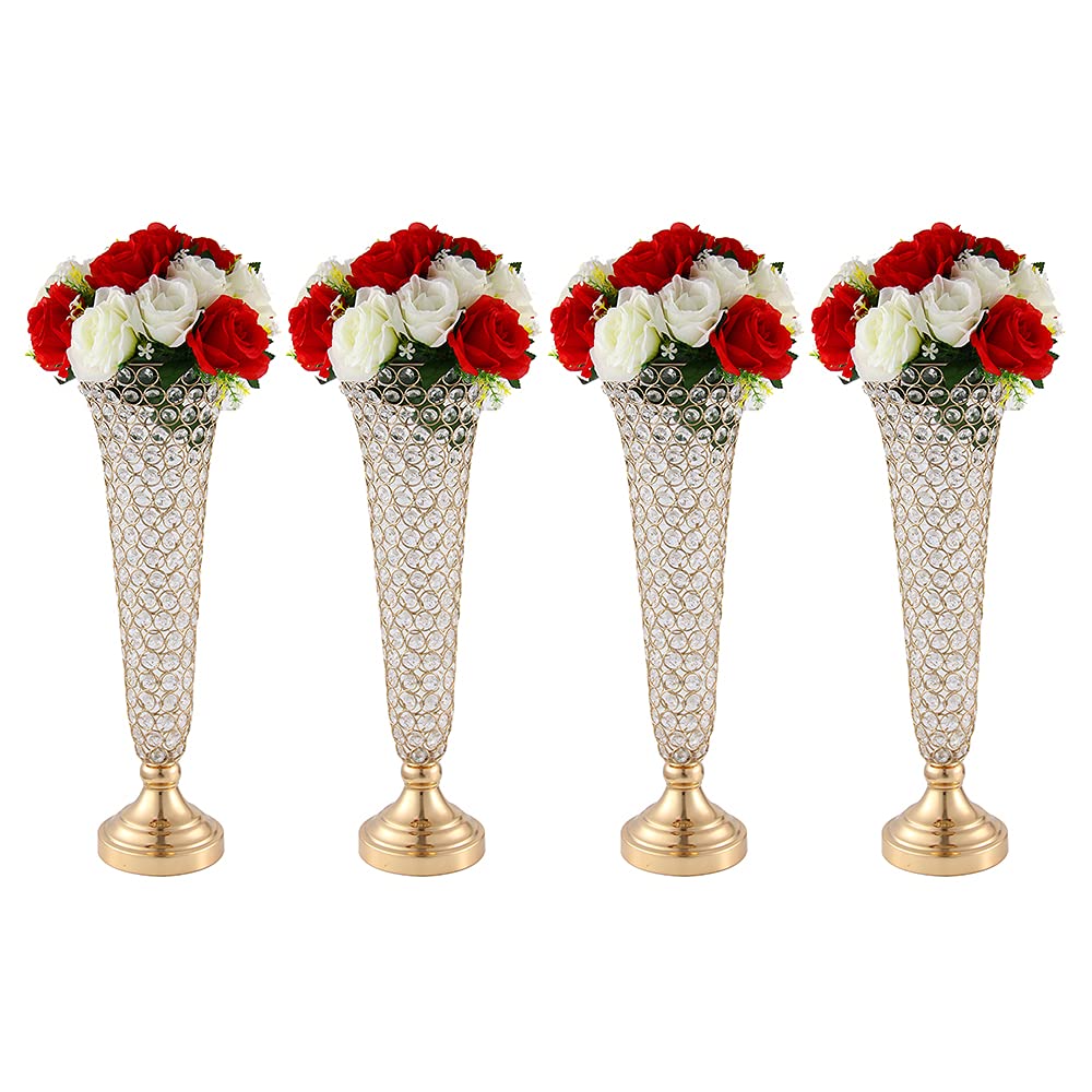 Vincidern 4PCs Wedding Gold Crystal Flower Vase, Meta Wedding Flower Stand for Tabletop Flower Arrangement, Wedding and Event Reception Tables Decoration (20.86 inch Tall)
