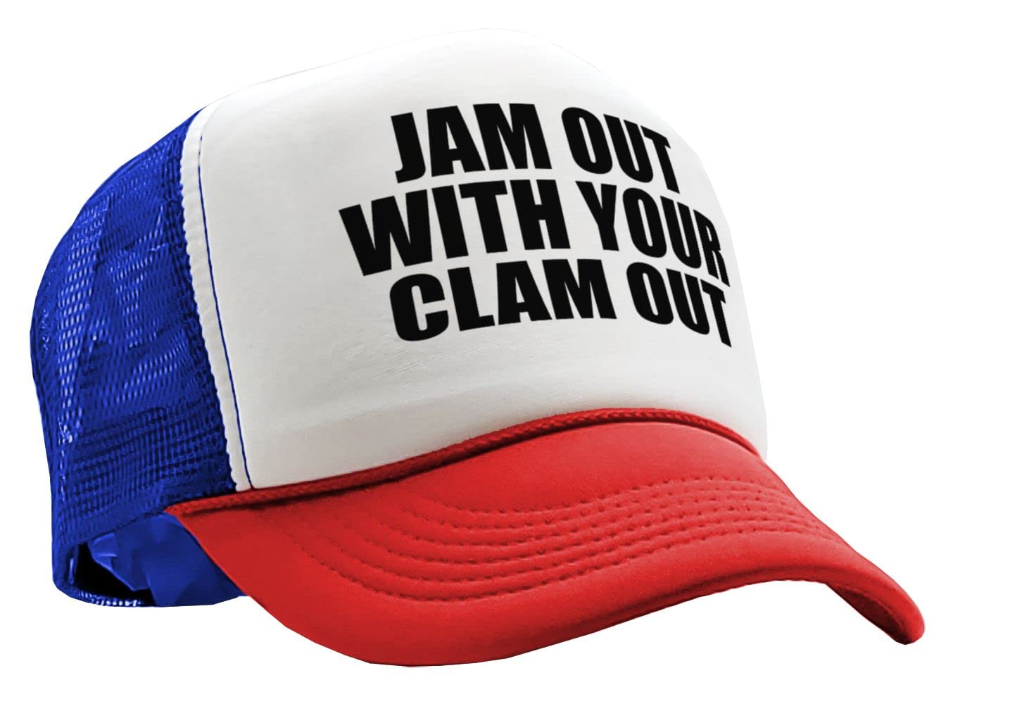 JAM Out with Your Clam Out - Funny Party Club - Vintage Retro Style Trucker Cap Hat (R W B)
