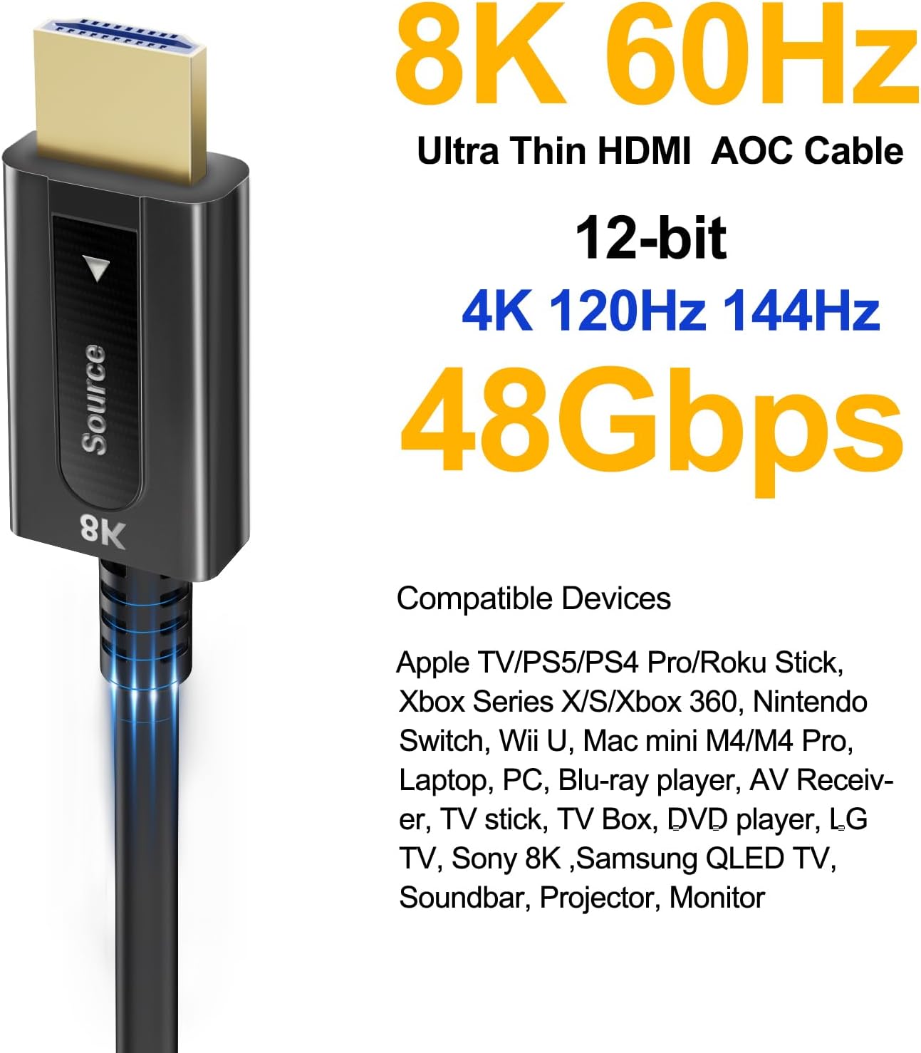 YilianOptoe 8k認定光ファイバーHDMI 2.1ケーブル 10フィート 超高速アクティブHDMIコード 48Gbps、8