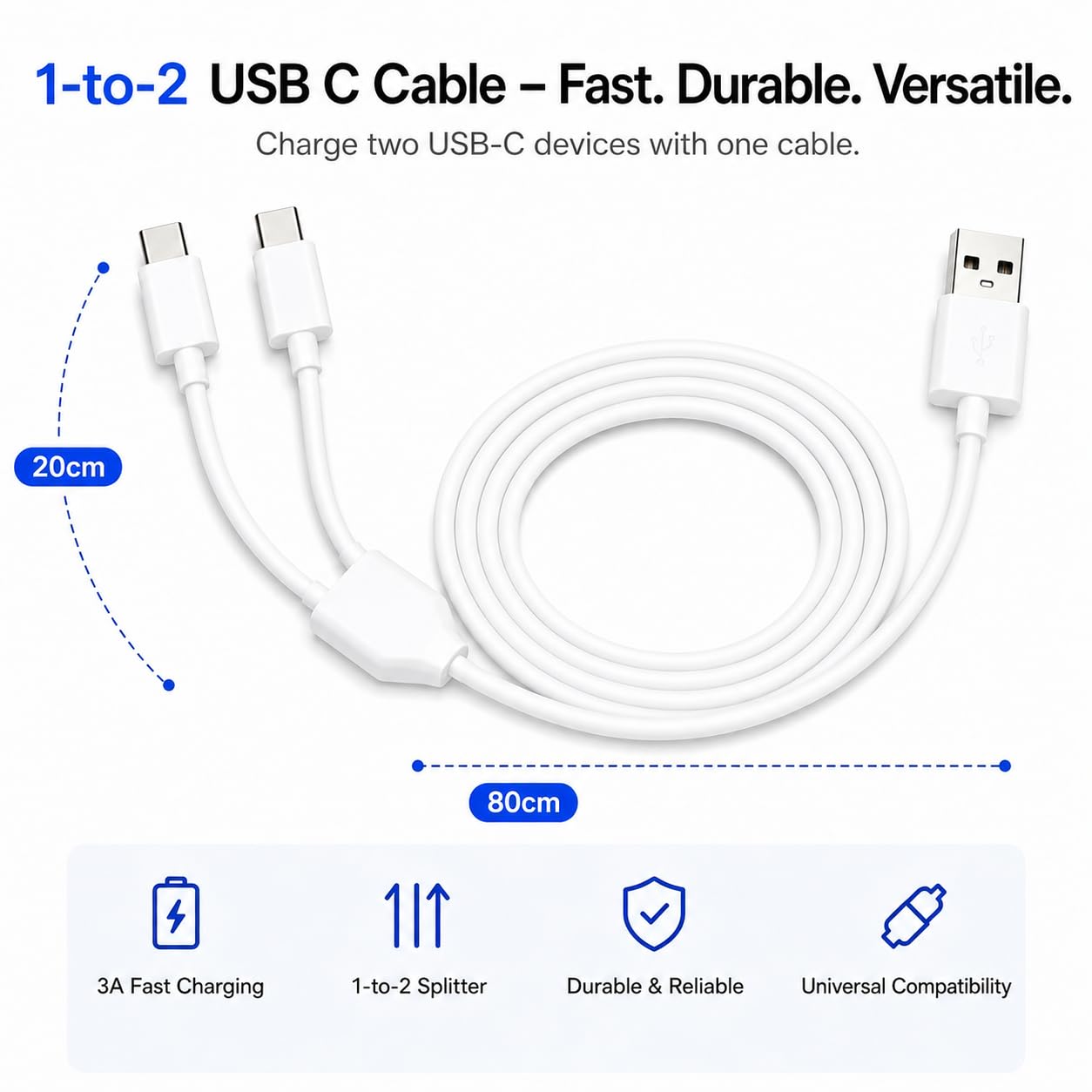 Cavo splitter USB-C 2 in 1 da 1,9 m, da USB A a tipo C, cavo di ricarica (bianco)