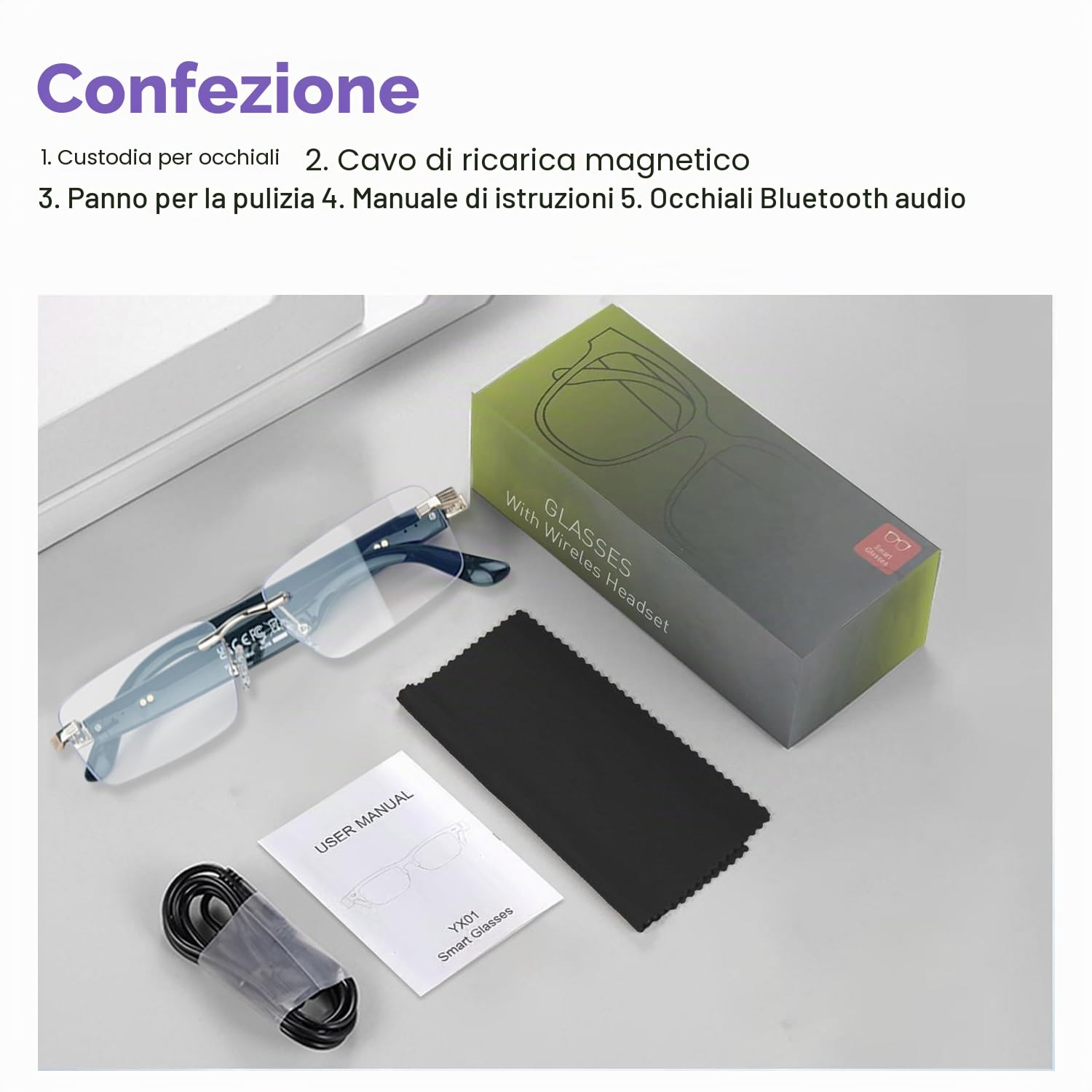 GenXenon Occhiali Smart AI, Occhiali AI con Altoparlanti Open-ear, Lenti Fotocromatiche, Musica, Chiamate in Musica, Vivavoce, Smart Glasses Senza Montatura per Viaggi, Lavoro, Studio (Bianco)