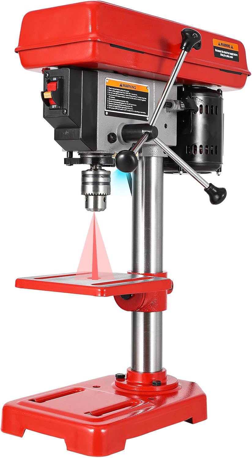 GarveeTech 8" Benchtop Drill Press with Laser Guide, LED Light, 5 Speeds 620-3100 RPM, 45° Tilting Table for Wood & Metal Drilling