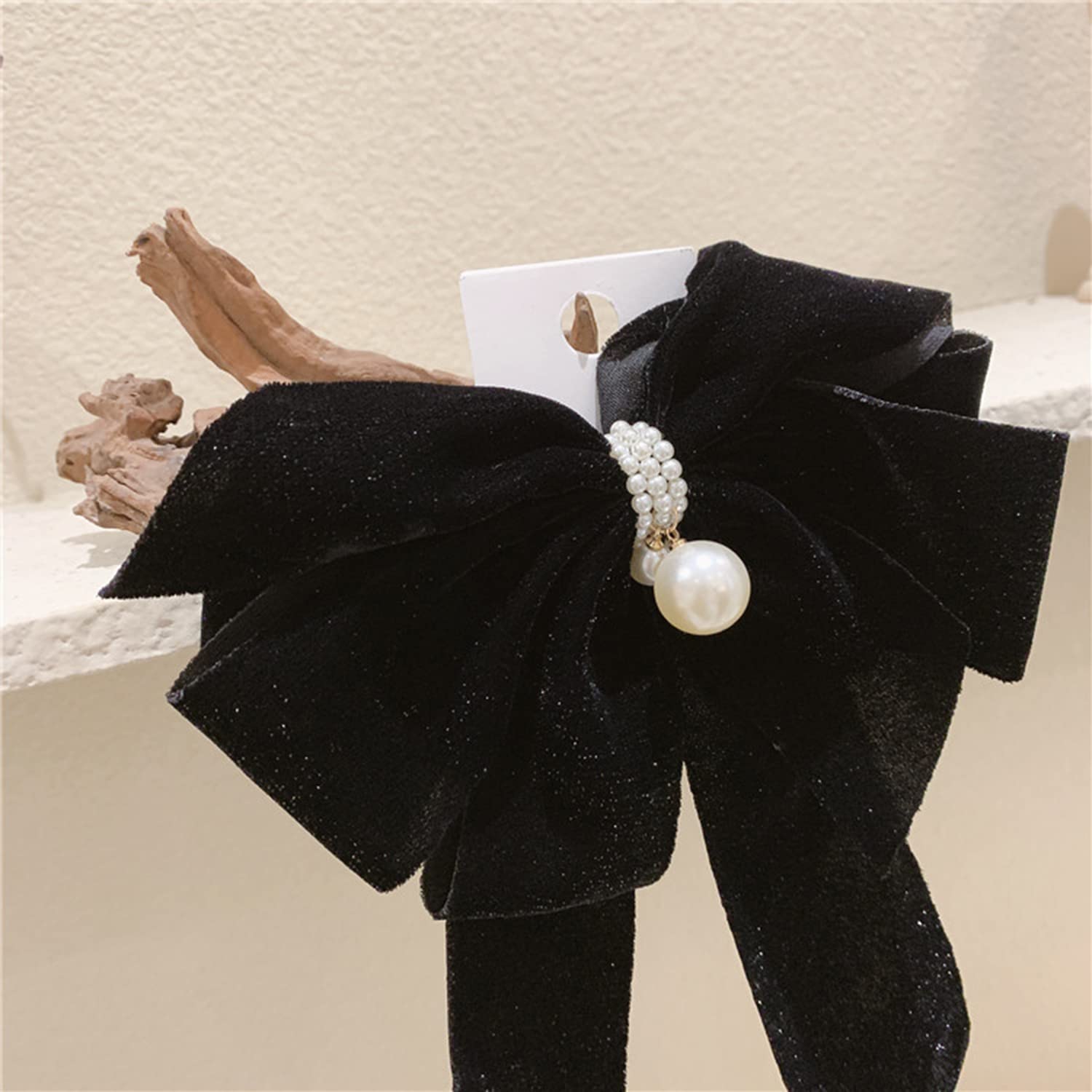 Chanel Vintage Black Bow W/ Pearls Hair Clip Faux Fur Hair Clip with Faux Pearl Bow – Surell Accessories main image 2