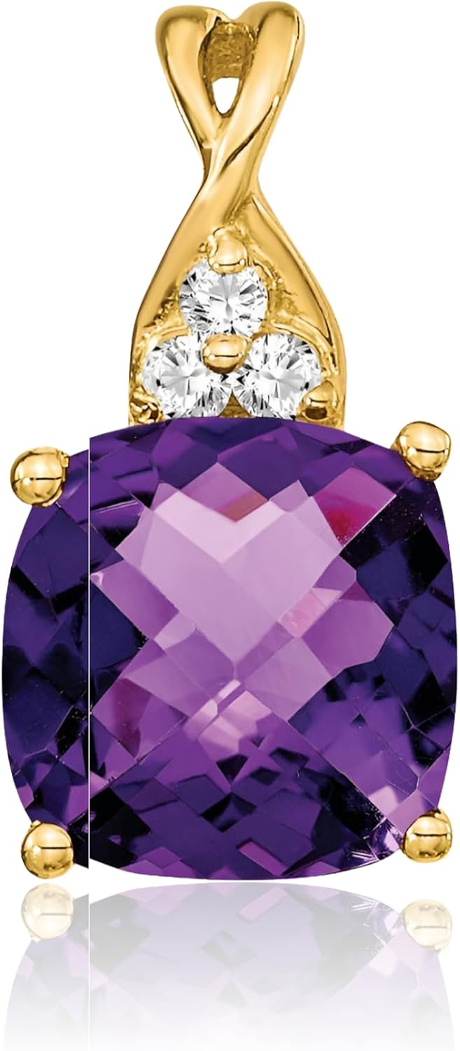 IceCarats 10K Solid Yellow Gold 1.72 carat Purple Amethyst Diamond Accent Solitaire Square Small Pendant Necklace 13.5mm 1/2 inch Cushion Cut, Natural For Her