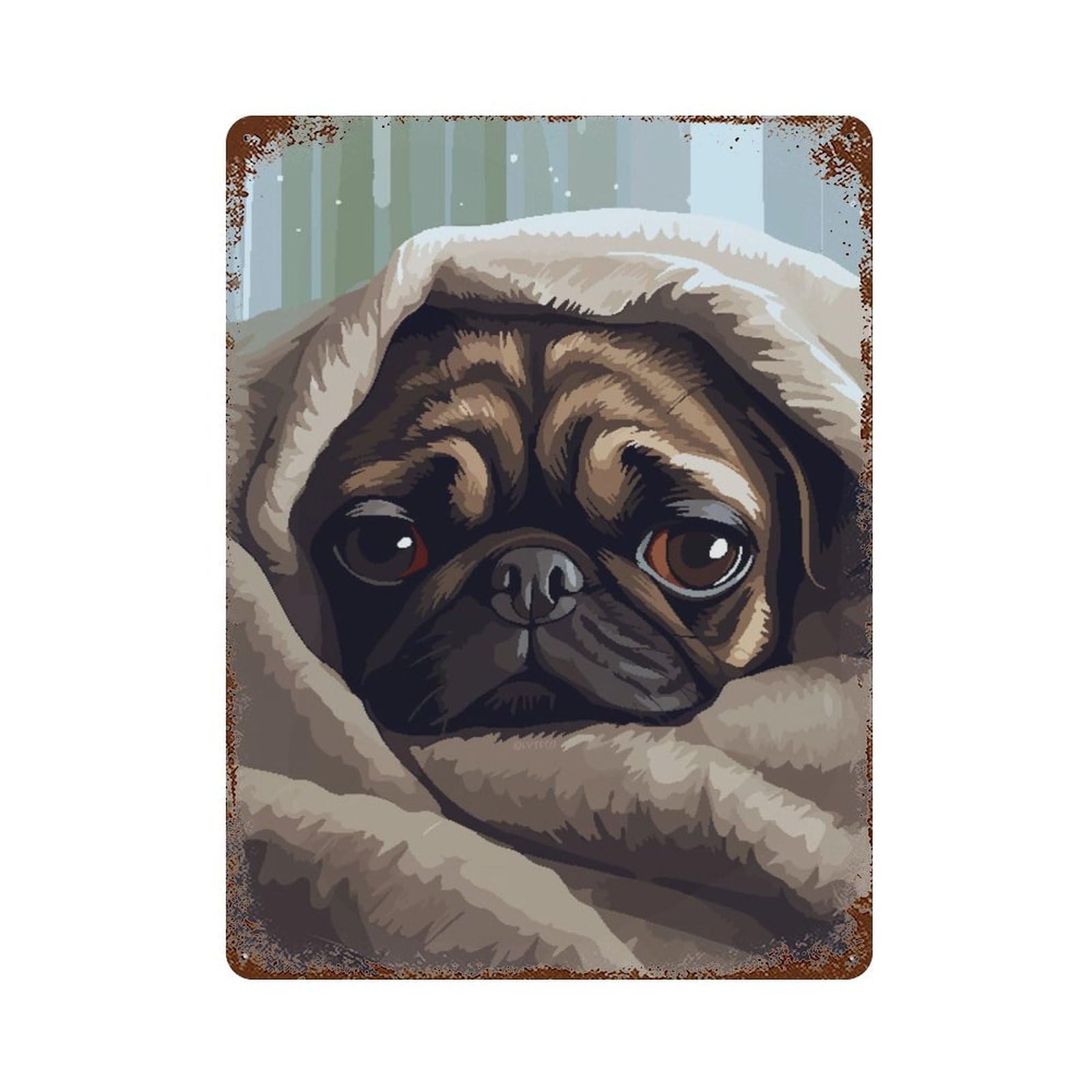 Pug in Blanket Pixel Art Aged Metal Wall Plaque 15.7"x11.8", Industrial Home Decor for Pub, Kitchen And Man Cave Decor