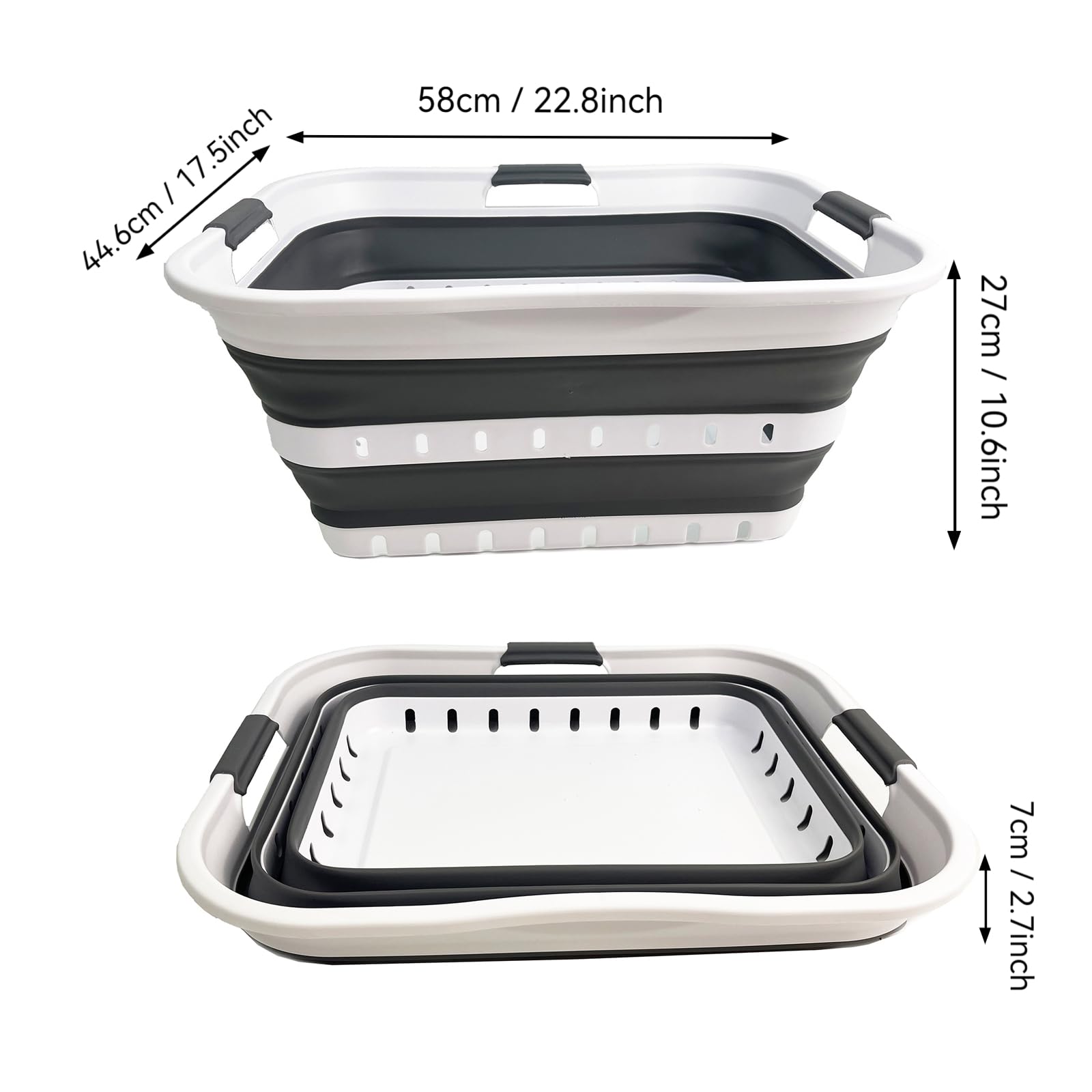 SAMMART 2er-Set 42L faltbarer Aufbewahrungskörbe/-behälter aus Kunststoff – zusammenklappbarer, platzsparender und tragbarer Wäschekorb, ideal für Zuhause, auf Reisen (2, Weiß/Stahlgrau)