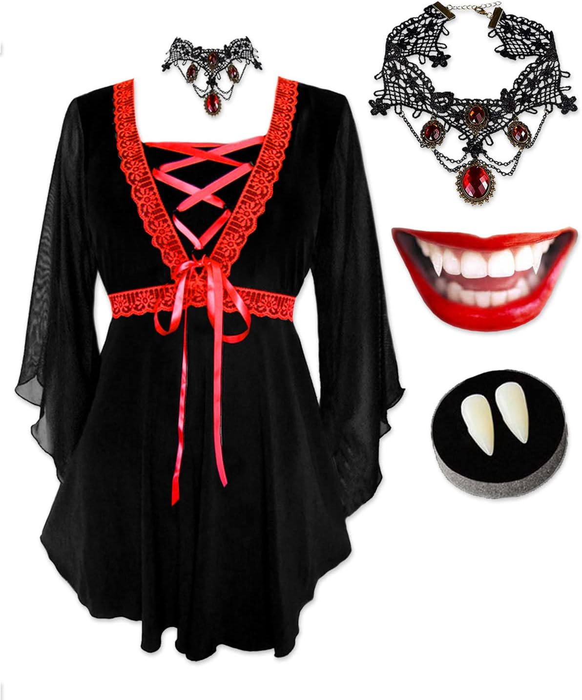 Dare to Wear Immortal Vampire Costume: Fangs, Faux Ruby Choker & Gothic Victorian Lace Women's Dare Corset Top