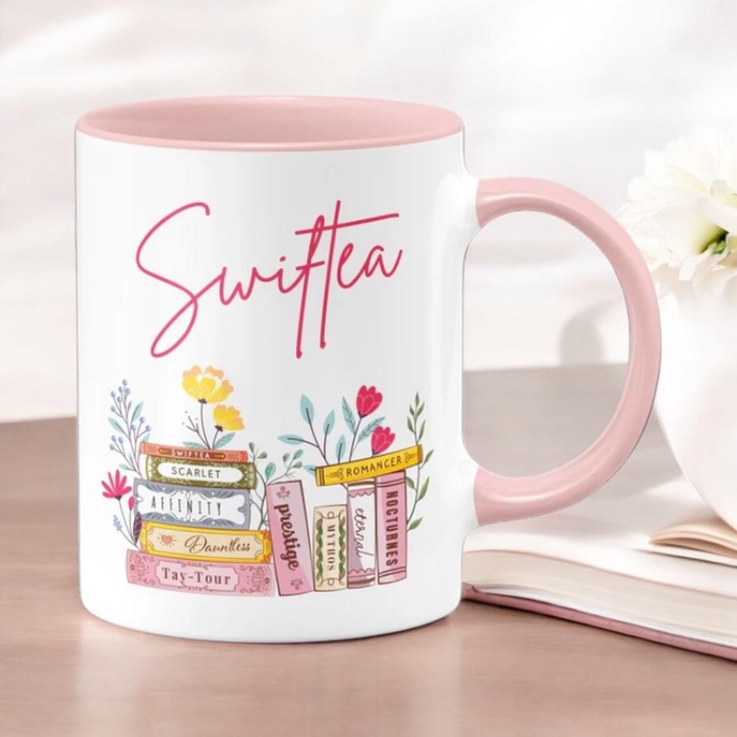 FIDWALL Mokken album en zangerstijd, cadeaus voor fans, koffiemok 11 oz, roze en wit, verjaardagscadeau, afstudeercadeau, beste cadeau voor muziek (paars tijdperk