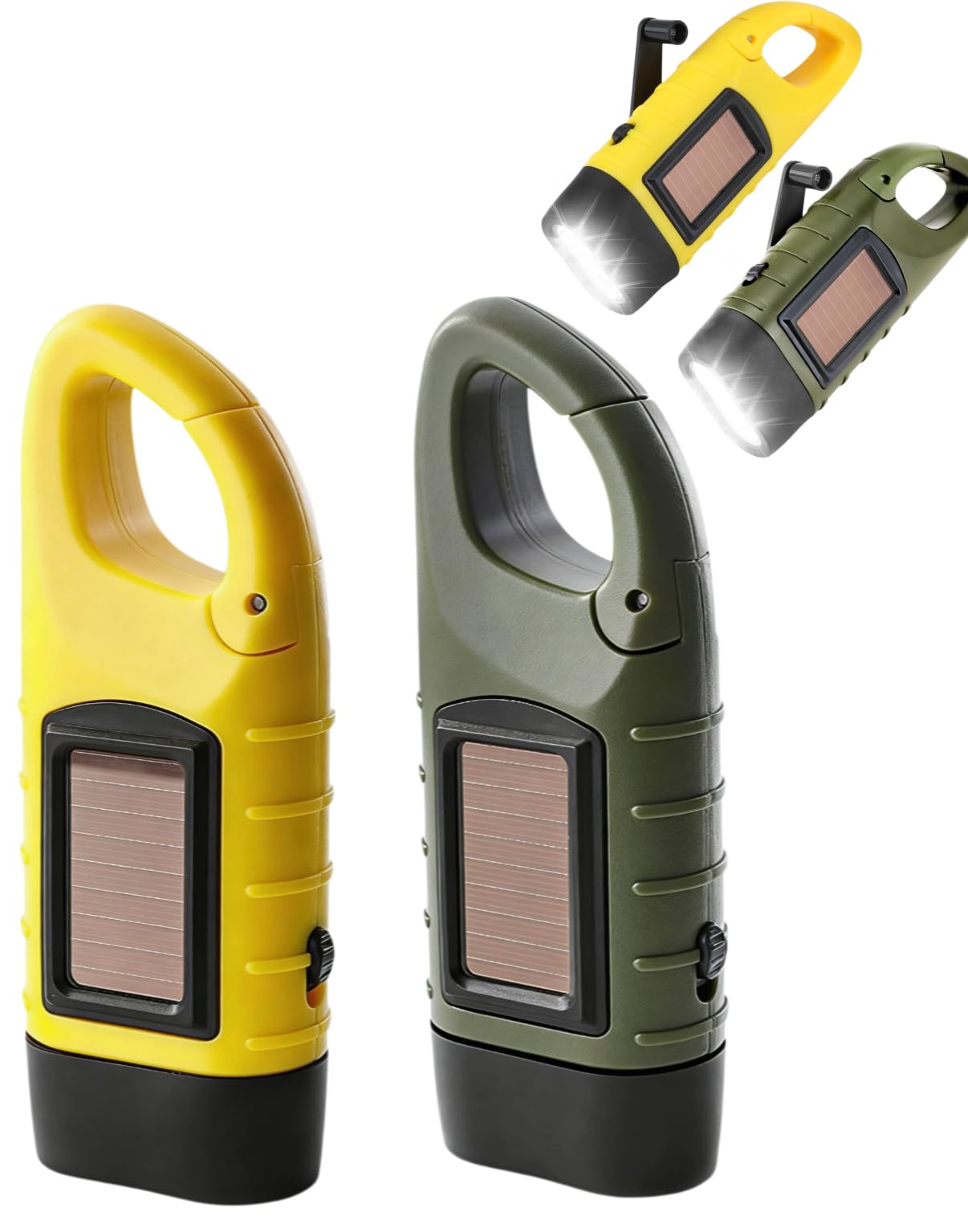 Pnoyws 2 Pack Wind Up Solar Torch, LED Rechargeable Camping Flashlight Hand Crank Solar Powered Torch Super Bright Portable Emergency Light with Carabiner Hook for Outdoor Hiking Survival Gear