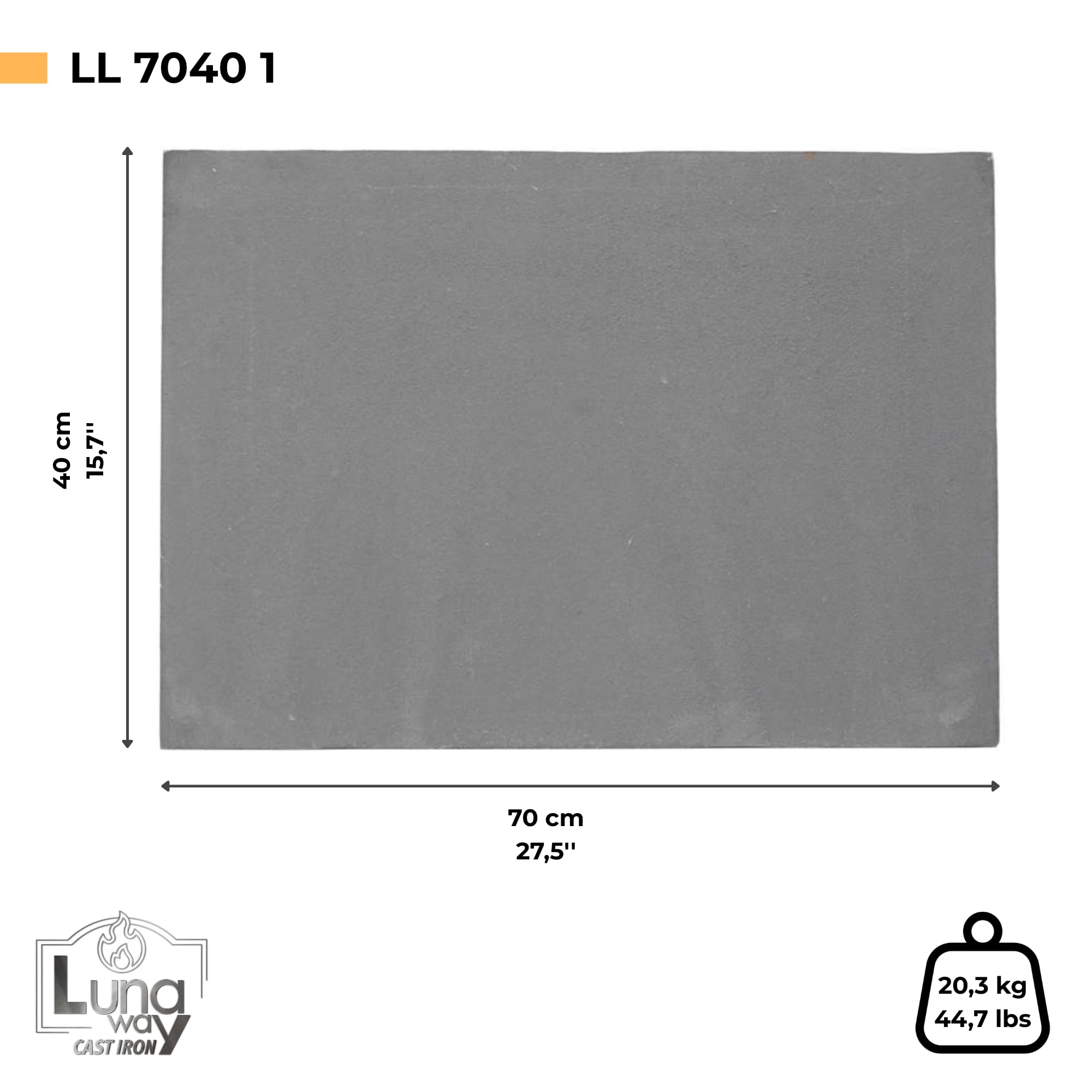 Lunaway - Placa Lisa de Hierro Fundido para Revestimiento de Chimenea | Grosor 1 cm (70 x 40 cm) | Placa de hierro fundido resistente a altas temperaturas con liberación gradual del calor para chimeneas, chimeneas y estufas