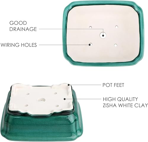 Miniatura 4 de Zisha - Juego de 2 macetas de arcilla blanca para bonsái esmaltadas poco profundas, color verde