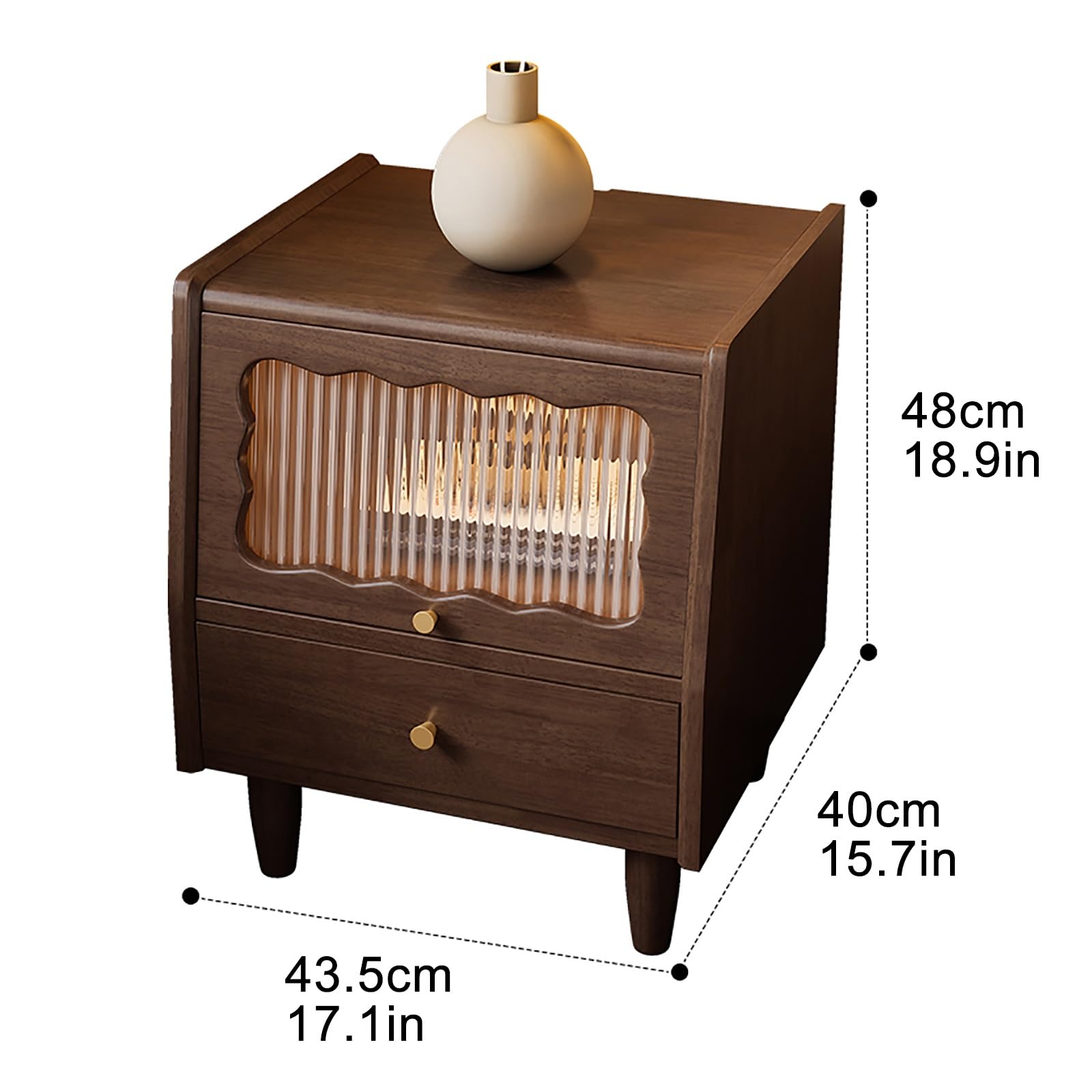 Table de chevet en bois de noyer avec 2 tiroirs de rangement et porte latérale en rotin, meuble de chambre élégant, idéal pour une décoration moderne