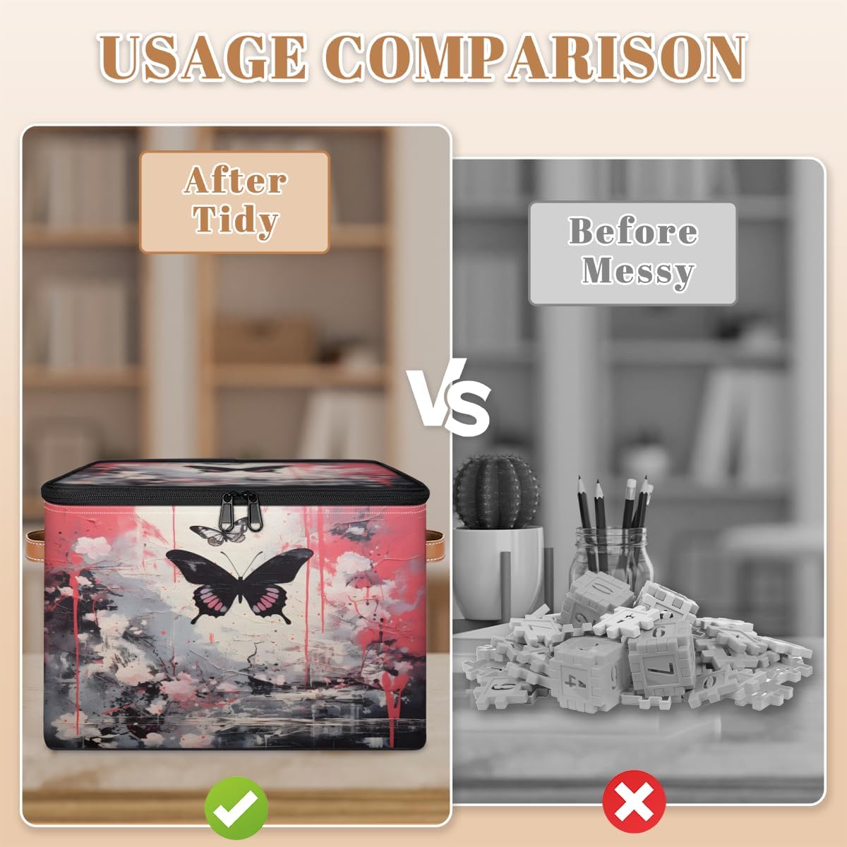 Storage Bin Set of 2 Watercolor Butterfly Storage Basket with Zipper Lid & Handle Foldable Closet Shelf 2 Pack Cloth Organizer Basket Cube Bins Clothes Organizer for Bedroom, Nursery