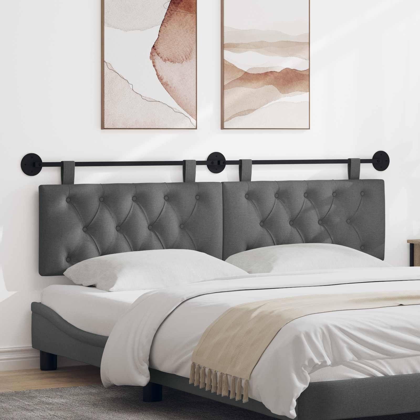 Cabecero colgante de tela gris oscuro con relleno de espuma 170 x 55 x 7 cm, montaje en pared, juego de 2 unidades, tapizado para dormitorio, habitación de invitados, cama doble y cama