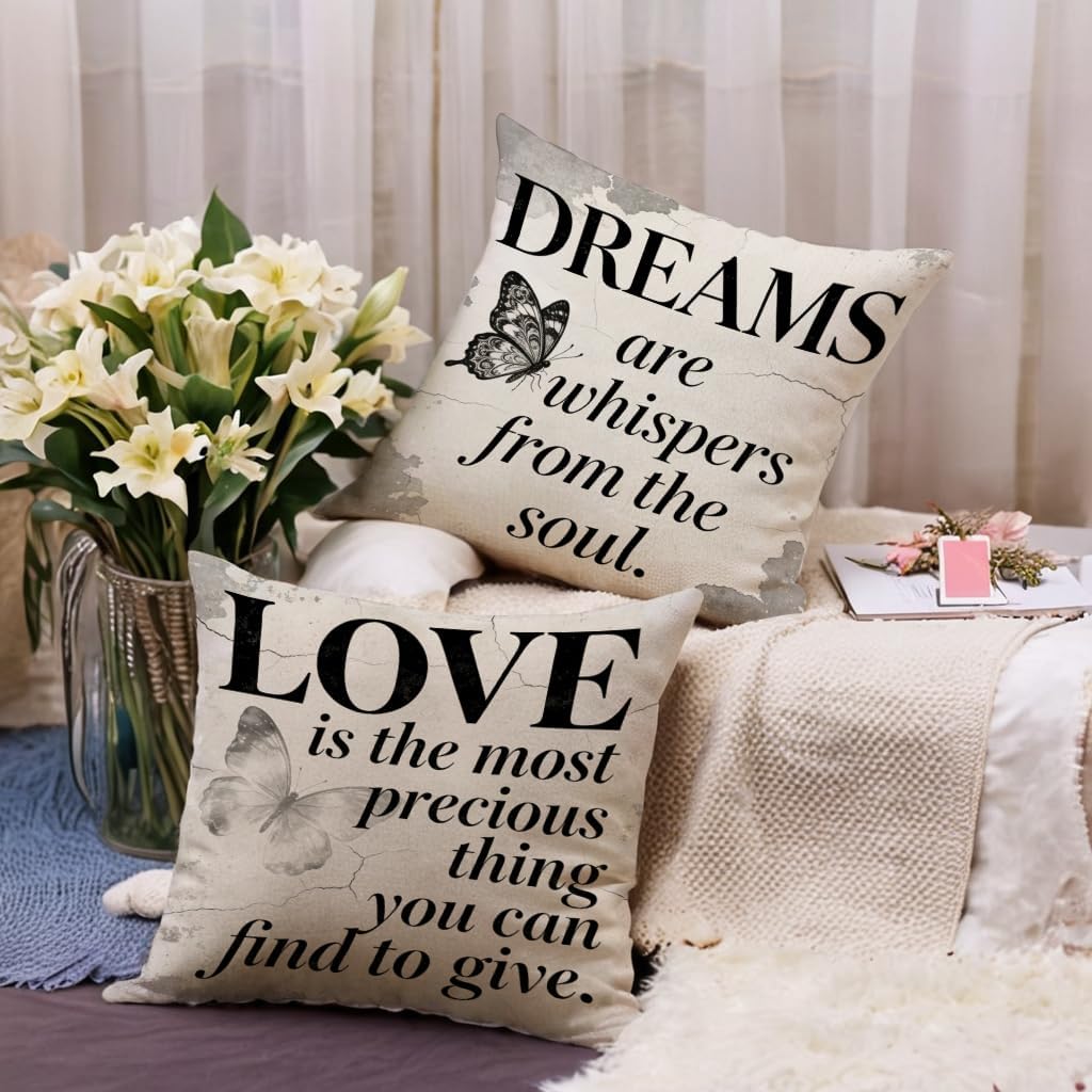 7COLORROOM Vintage Inspirational Quote Throw Pillow Cover 18x18 Inch,Love is the Most Precious Thing You Can Find to Give Butterfly Cushion Cover Farmhouse Rustic Butterfly Retro Pillowcases (Grey-L) image 3