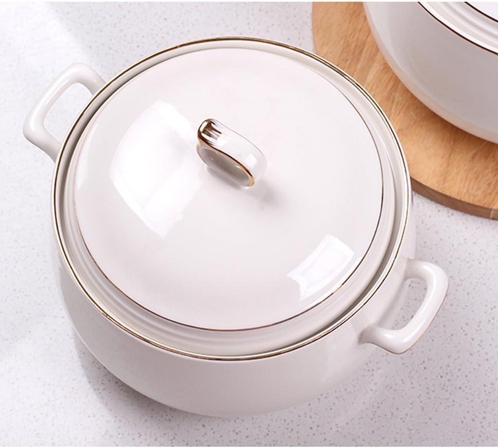 Soup Bowl Ceramic Soup Bowl Large Household Soup Pot with Handle Lid 8 Inch Creative White Soup Pot Deep Bowls (A Small)