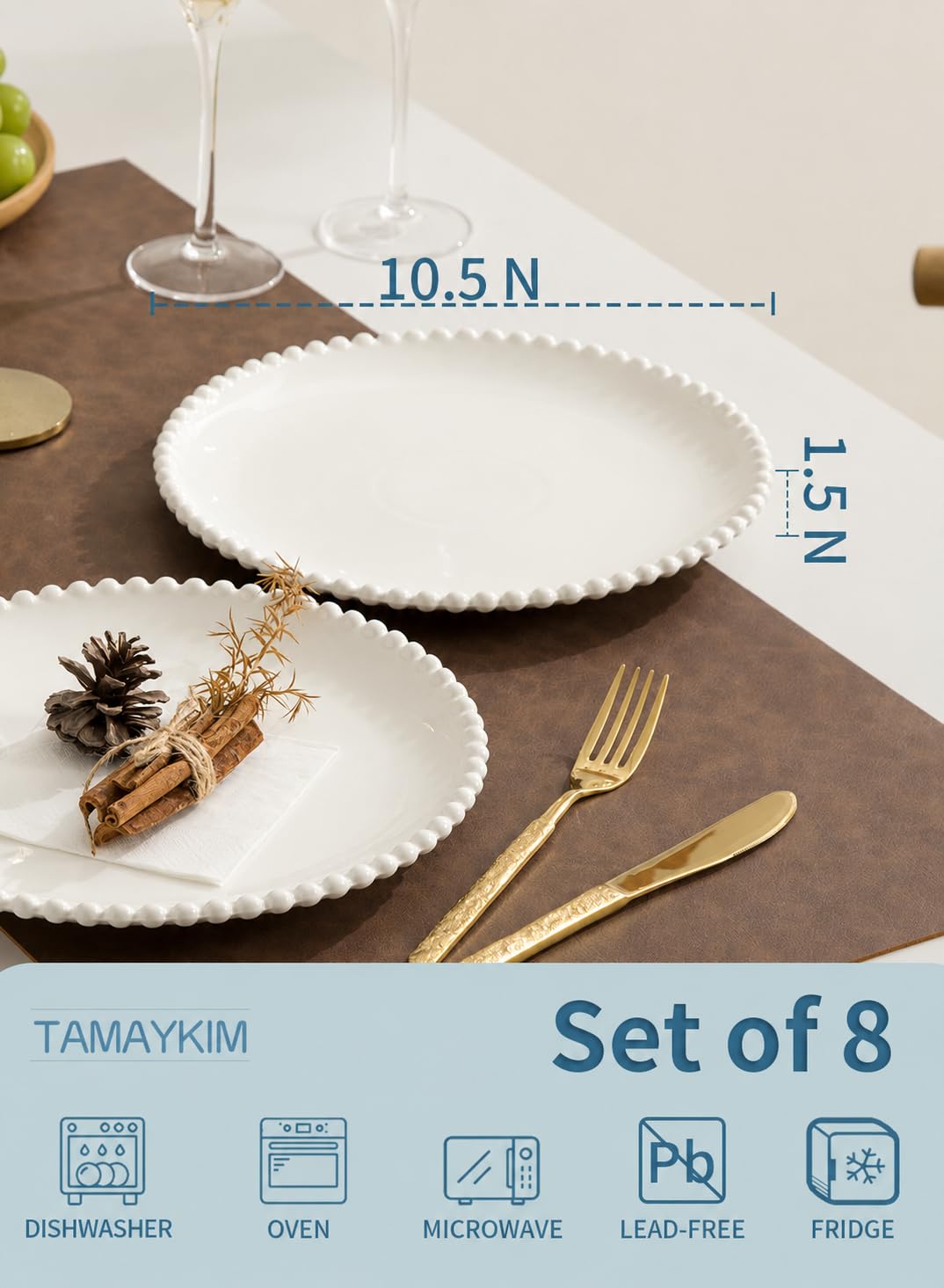 Lot de 8 assiettes à salade rondes en porcelaine de 26,7 cm, résistantes aux rayures, passent au micro-ondes, au four et au lave-vaisselle, blanc à pois perlés