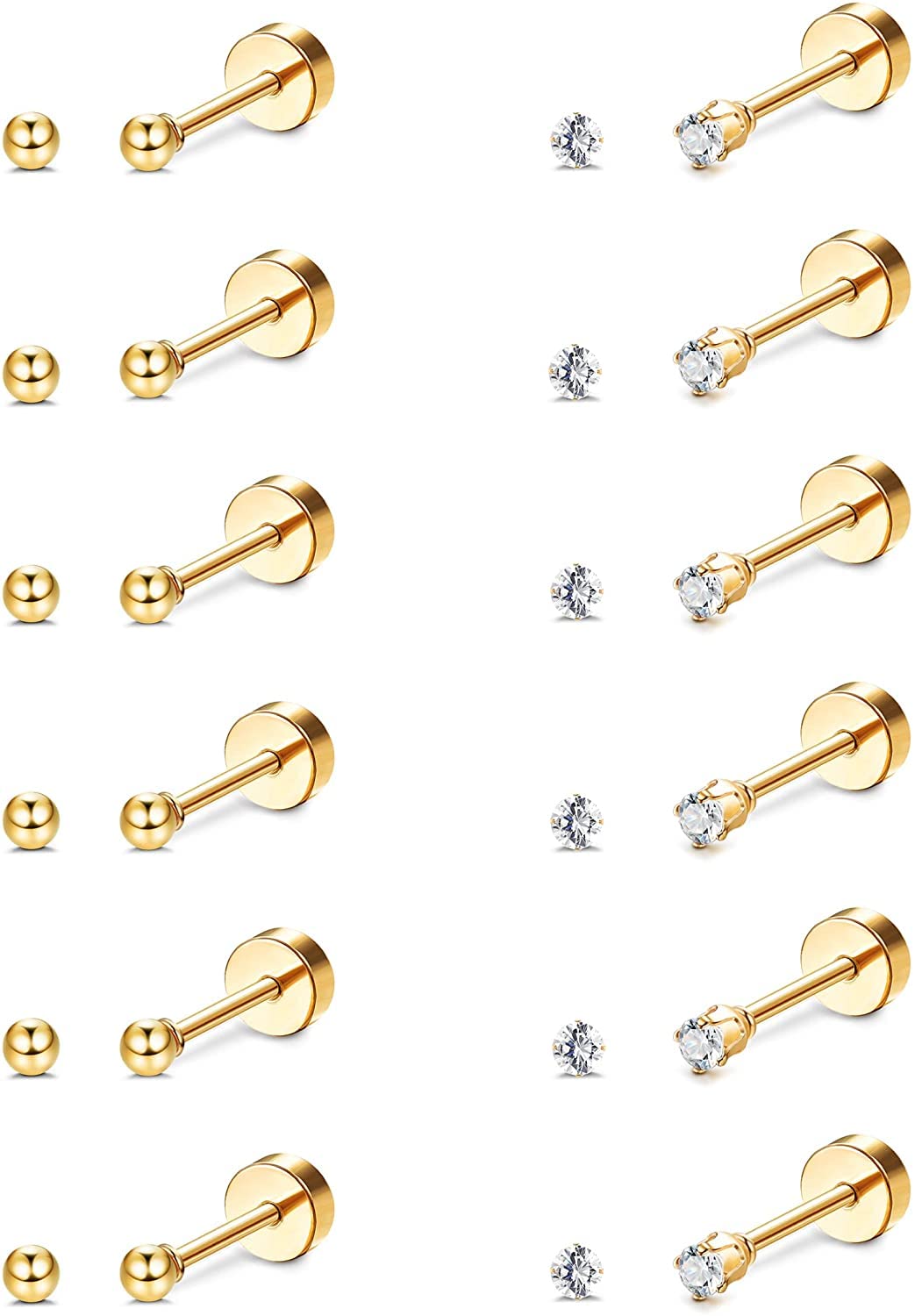 LOLIAS12 Pares Pendientes de Tuerca Para Mujeres Acero Quirúrgico Piercing de Cartílago Pequeños Pendientes Cúbica Transparente Tornillo de Bola Redondo Juego de Pendientes de Parte Trasera Plana