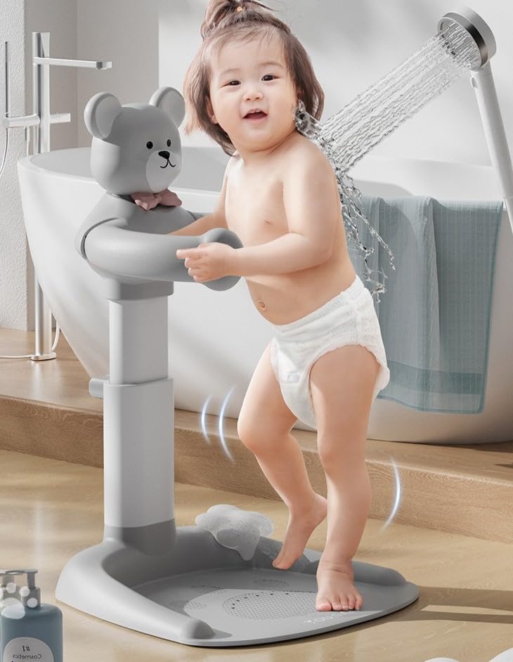 Image of Baby Shower Stand with Anti-Slip Base,Teddy Bear Shaped Bathtub Dish, Pink, Bath Assistant, Baby Bath(Beige)