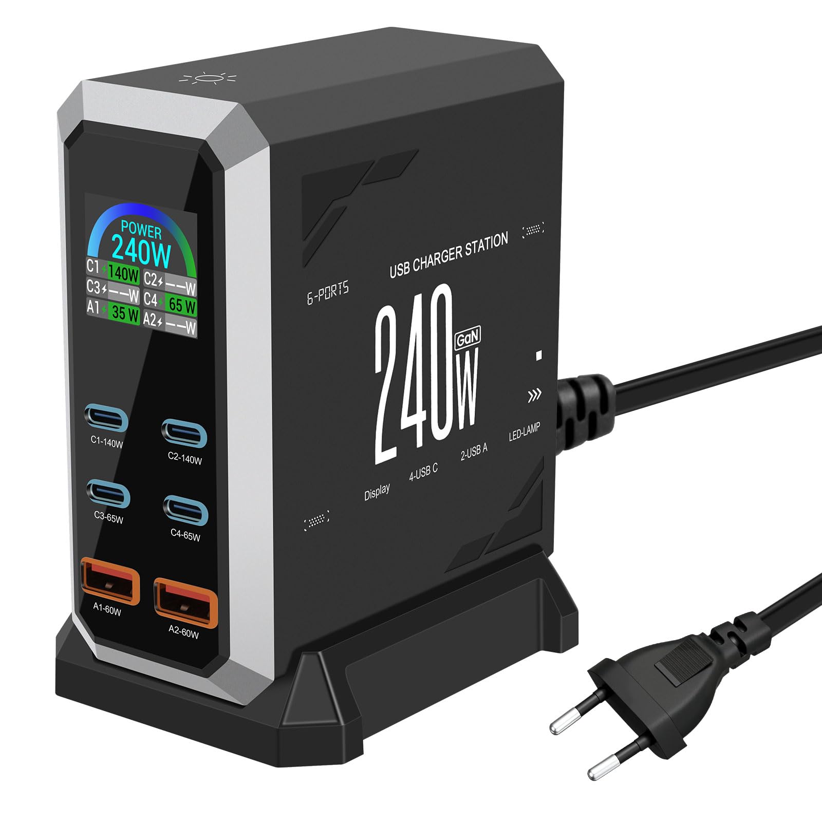240W Caricatore USB Multiplo - 6 Porte (4 USB-C + 2 USB-A) con Ricarica Rapida, Stazione di Ricarica Compatta per Multi Dispositivi, Compatibile con MacBook, iPad, iPhone, Galaxy S22/S20, DELL, HP