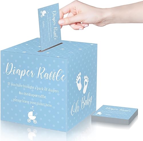 Funrous 50 boletos para rifas de pañales con caja para invitaciones de juegos de baby shower, tarjeta de sorteo de pañales para revelación de