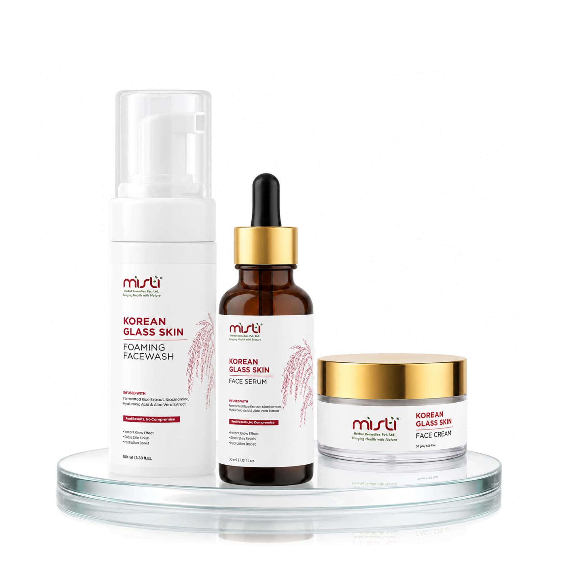 Misti Korean Glass Skin Combo Kit | Fermented Rice, Niacinamide, Hyaluronic Acid & Aloe Vera | Hydrating Glow Skin Care Set | Foaming Face Wash 100ml + Serum 30ml + Cream 30g-image-5