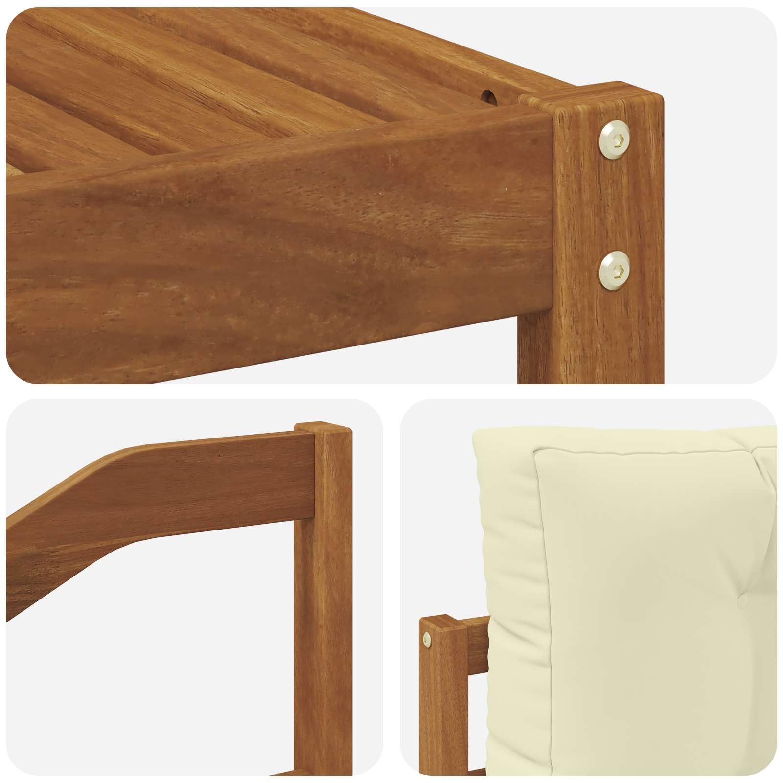 Outdoor-Sofagarnitur 6-teilig aus massivem Akazienholz mit Cremefarbenen Kissen, Tisch und Flexibler Sitzgruppe für Garten, Terrasse und Poolbereich