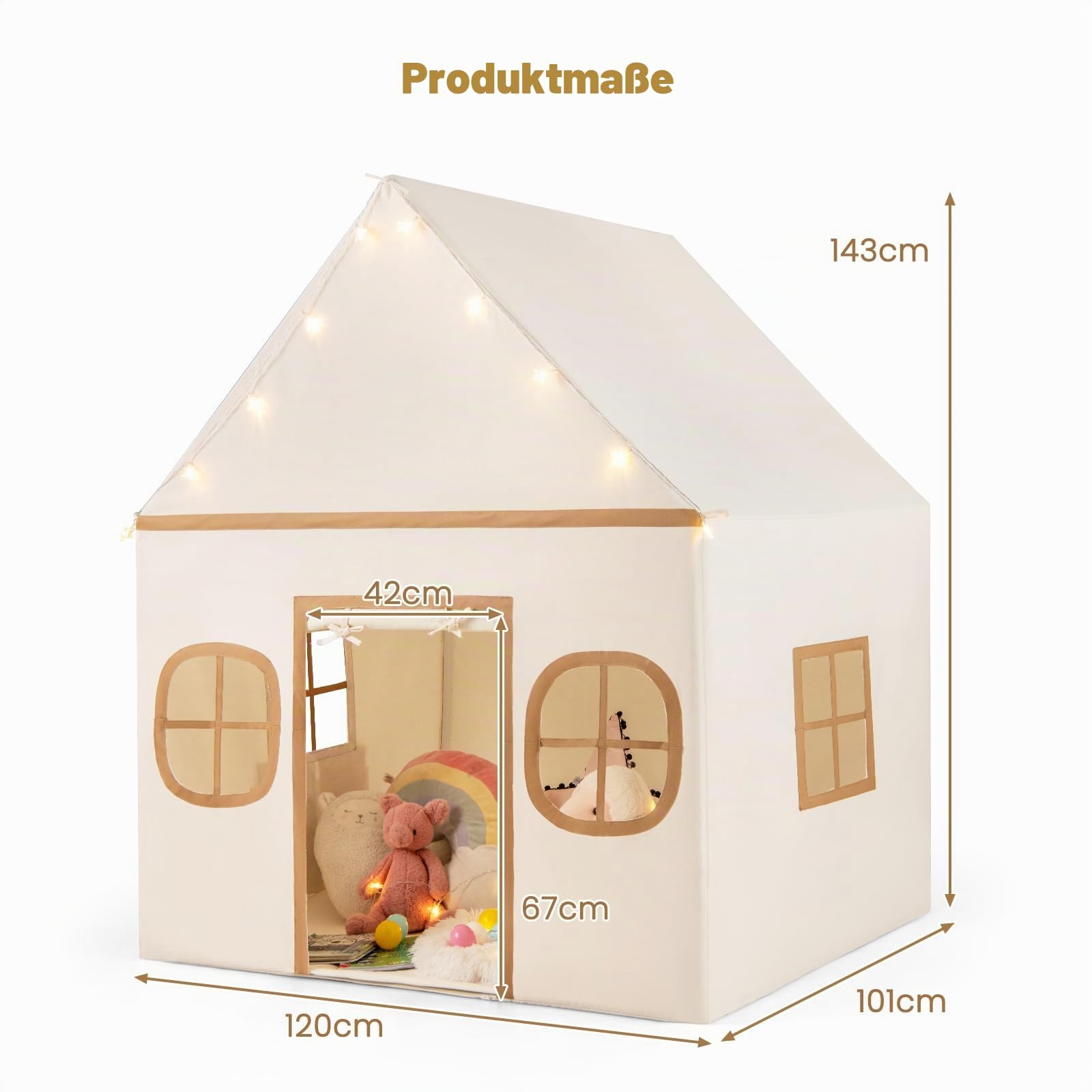 HOMASIS Kinderzelt Indoor, Kinder Spielhaus aus Baumwolle, Spielzelt mit Sternenlichtern & gepolsterter Matte & 4 Fenstern & Vorhang, Prinzessin Zelt für Jungen & Mädchen ab 3 Jahren (Beige+Schwarz)