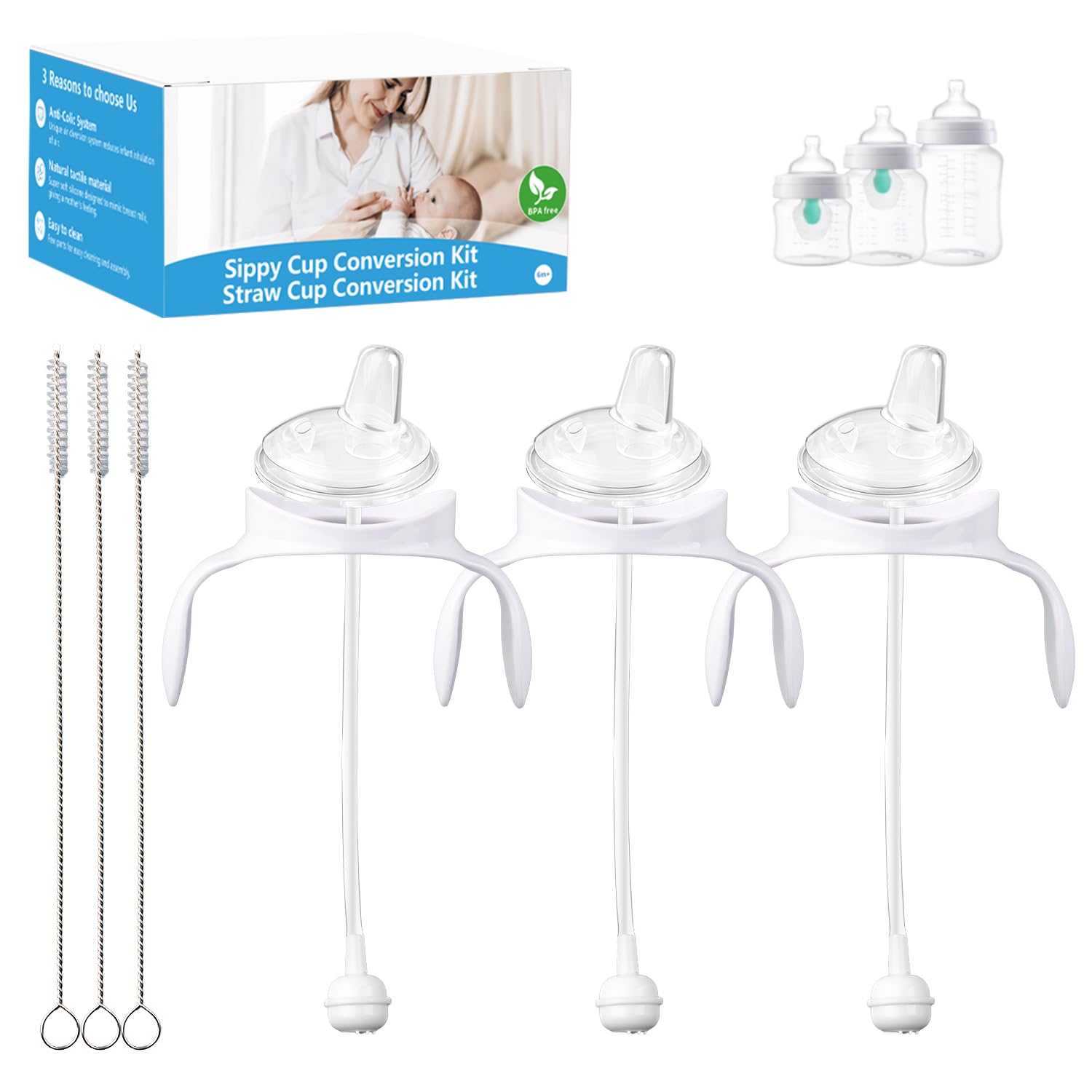 Photo 1 of ?Straw Cup Conversion Kit for Philips Avent Anti-Colic Baby Bottles,Toddler Transition Kit with 3 Soft Straw Nipple,3Pack Bottle Handles,3 Pack Weighted Straw,3 Pack Cleaning Brush (Model 2)