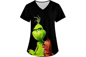 2024 Four-Way Stretch Women's Scrub Top, Christmas Cartoon Pattern