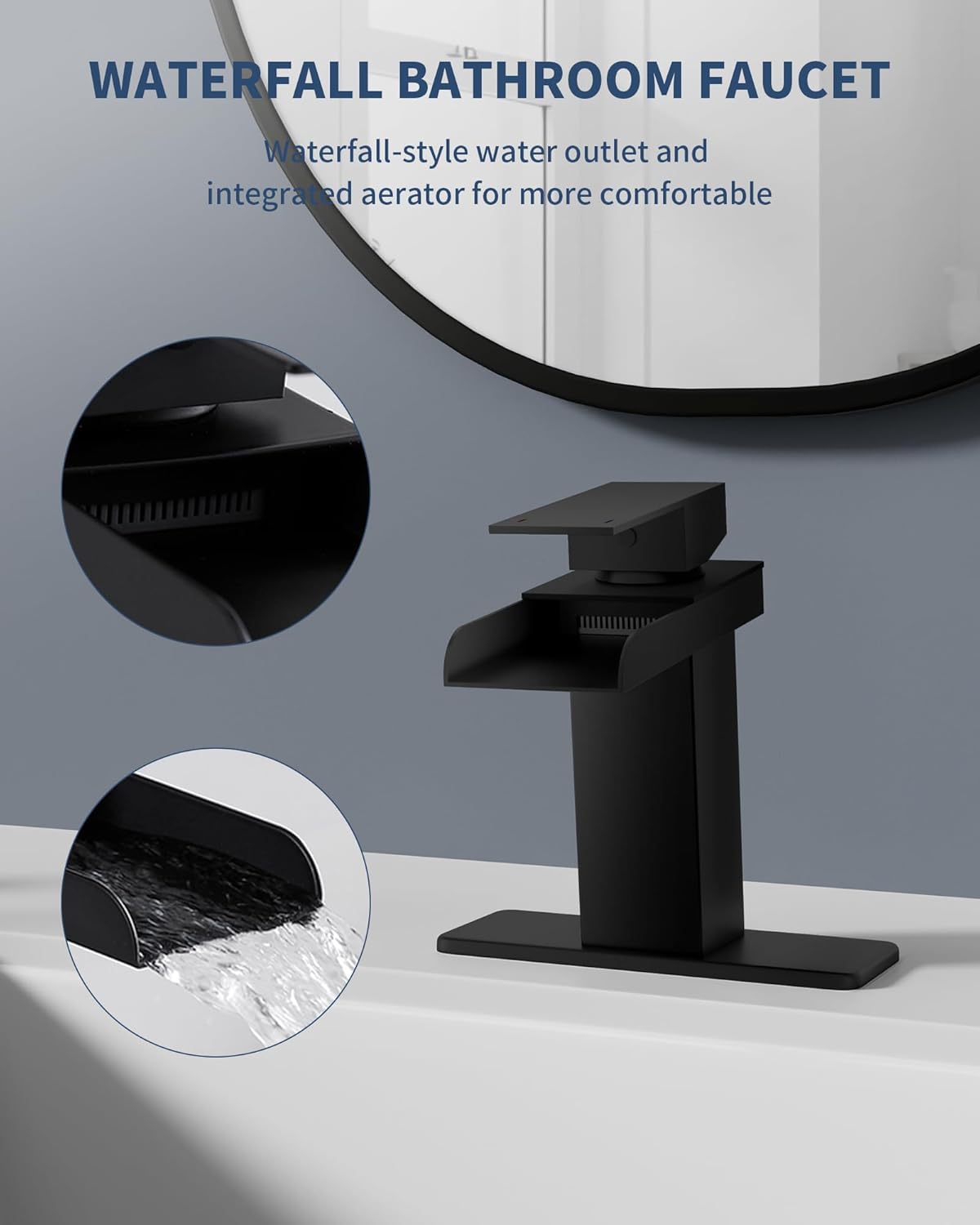 Waterfall Bathroom Faucet, Matte Black Modern Single Handle Bathroom Faucets for 1 or 3 Hole Bathroom Sink Faucet Washbasin Faucet Mixer Tap with Deck and 2 Hoses