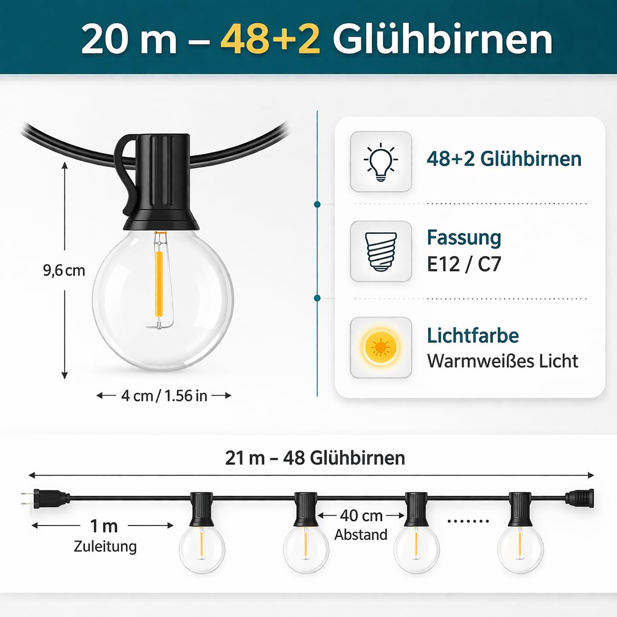 Cadena de luces LED para exteriores, 20 m, con enchufe, 48 bombillas G40 (2 bombillas de repuesto), 2700 K, blanco cálido, IP65, resistente al agua y extensible para terraza, jardín y fiestas