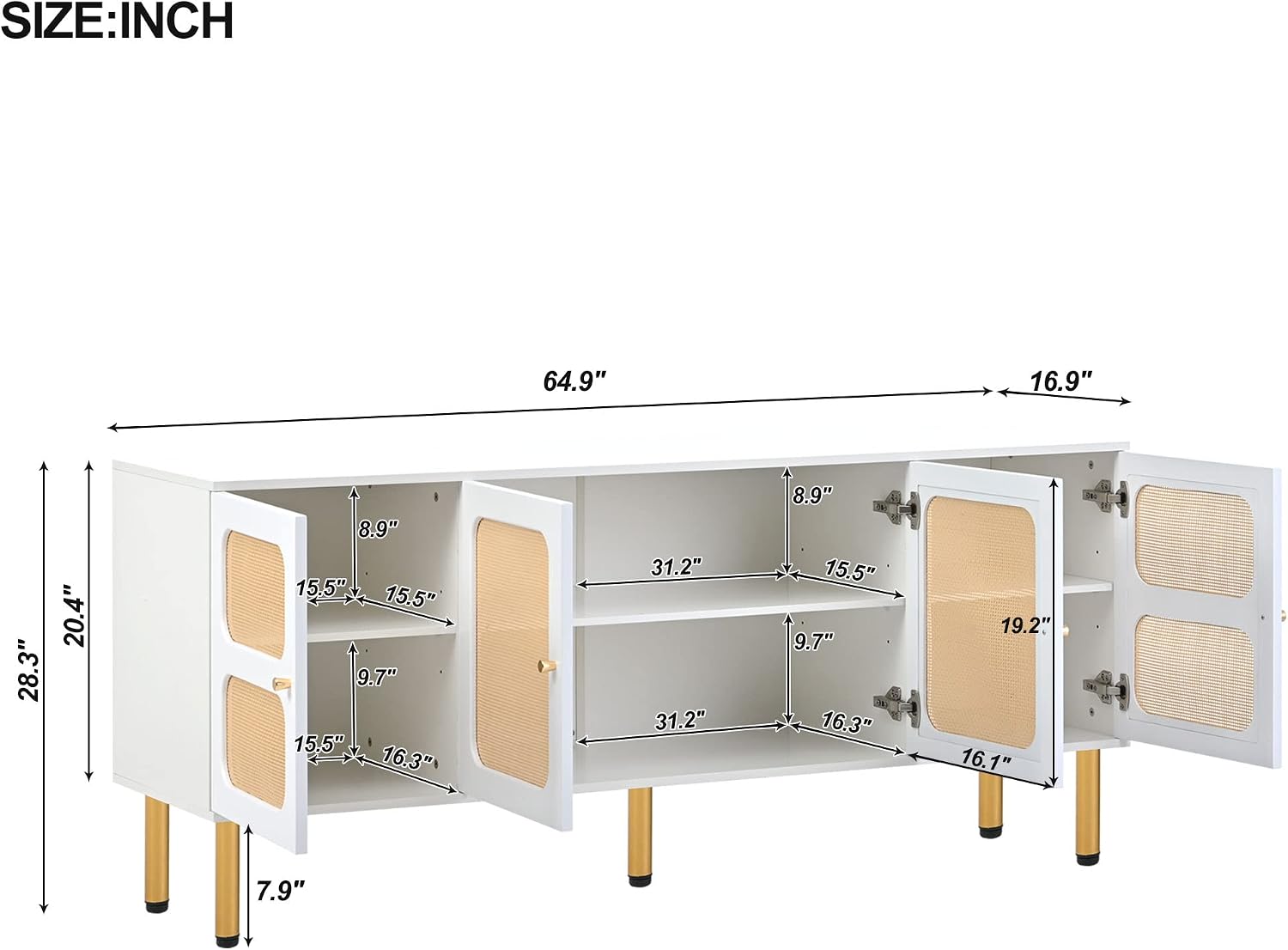 Bellemave TV Stand with Rattan Door and Storage Cabinets, Woven Entertainment Center Console Table for TV's up to 70”, Country Style White Buffet Sideboard for Living Room, Dining Room Console