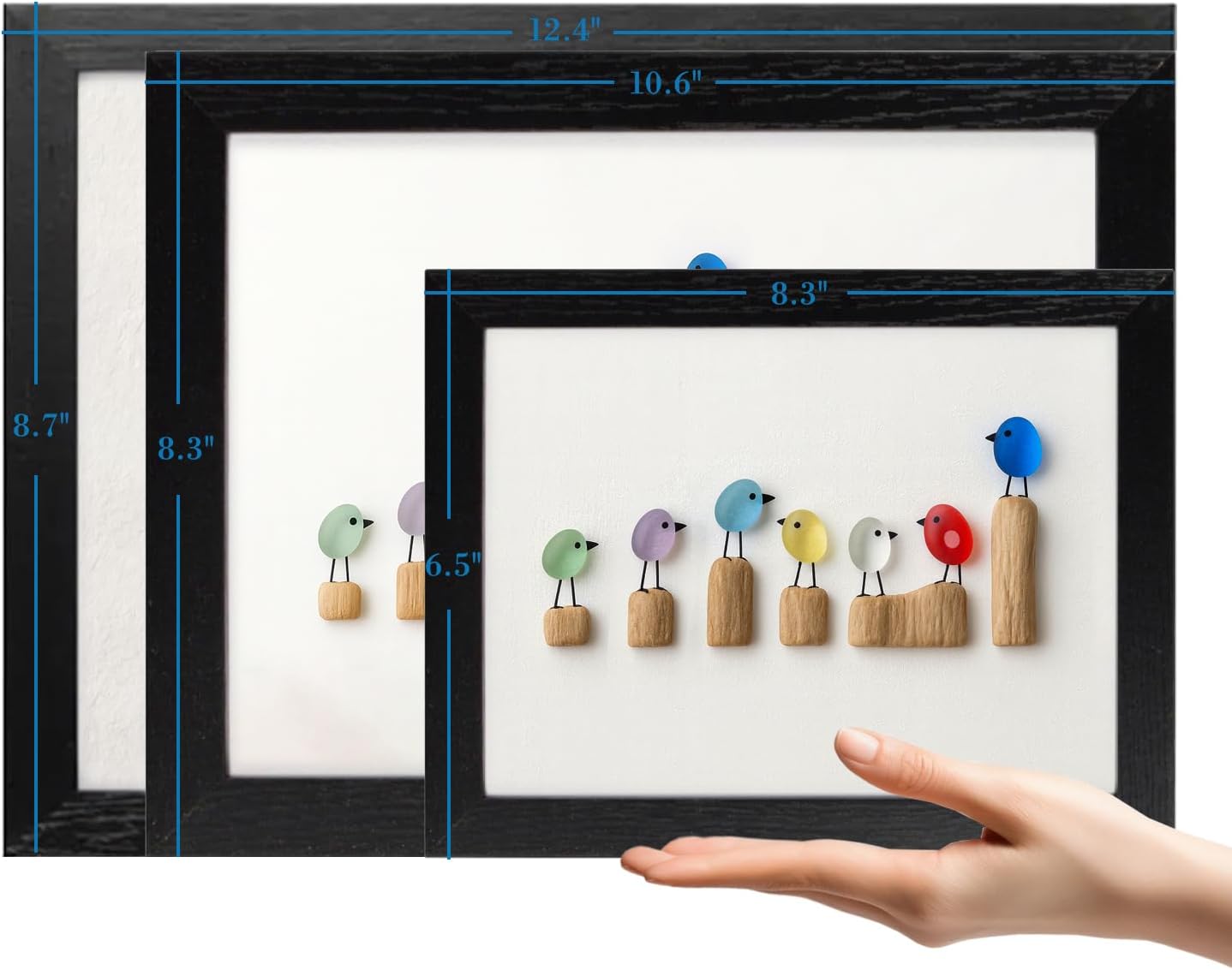 UQRUI Sea Glass Birds on a Branch Wall Art, Rainbow Coastal Beach Seaglass Bird on Twig Artwork Picture Frame, Friendship Decor for Home Wall Hanging (White-7 Birds)