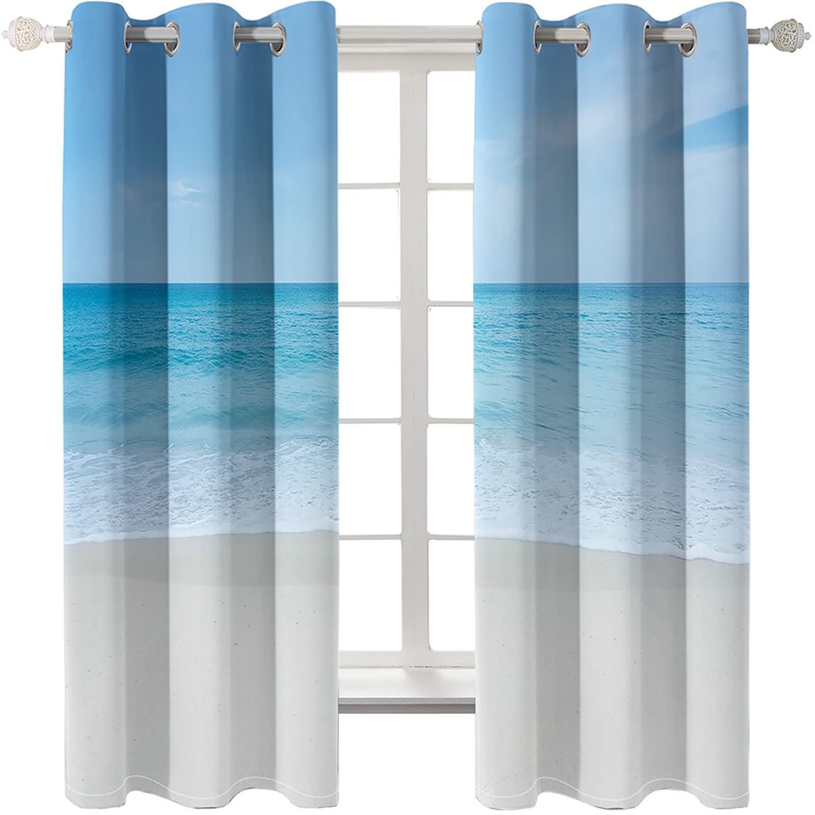 Zestaw 2 nieprzezroczystych zasłon do salonu, 2 x 102 W x 244 wys. cm, zasłony na przelotkach, z krajobrazu plażowego, niebieskie, białe, khaki, nowoczesne do salonu
