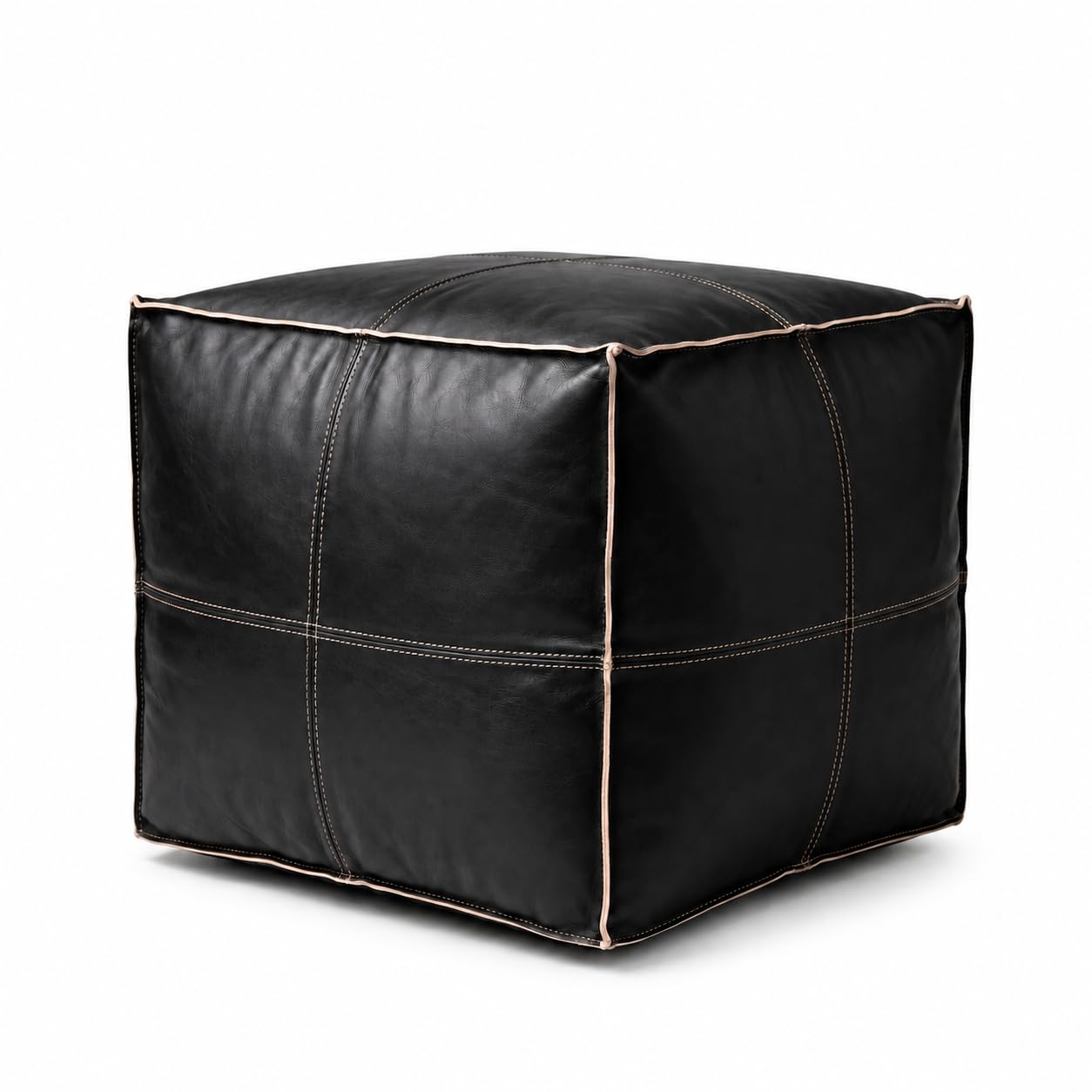 ARTOUARZAZATE Square Leather Pouf - Moroccan Pouf - Genuine Goatskin Leather - Bohemian Living Room Decor - Hassock &amp; Ottoman Footstool - Unstuffed (Black, 18" D x 18" W x 14" H)