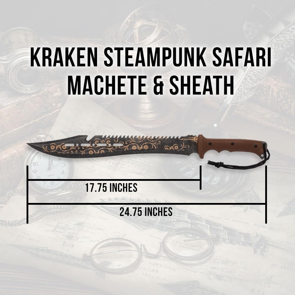 Kraken Steampunk Safari Machete | Stonewashed Stainless-Steel Blade 17 3/4 Inch | 24 3/4 Inch Overall | Rubberized ABS Handle | Nylon Belt Sheath with Shoulder Strap