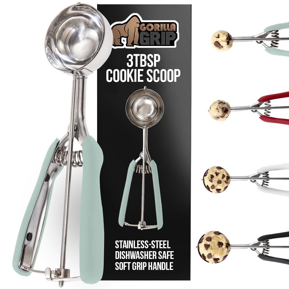 GORILLA GRIP Stainless Steel Cookie Scoop for Baking, 3 TBSP, Multipurpose Melon Baller, Meatball Spring Scoops, Perfect Portion Sizes, Easy Food Release, Scooper Size 20, BPA-Free Kitchen Tool, Mint