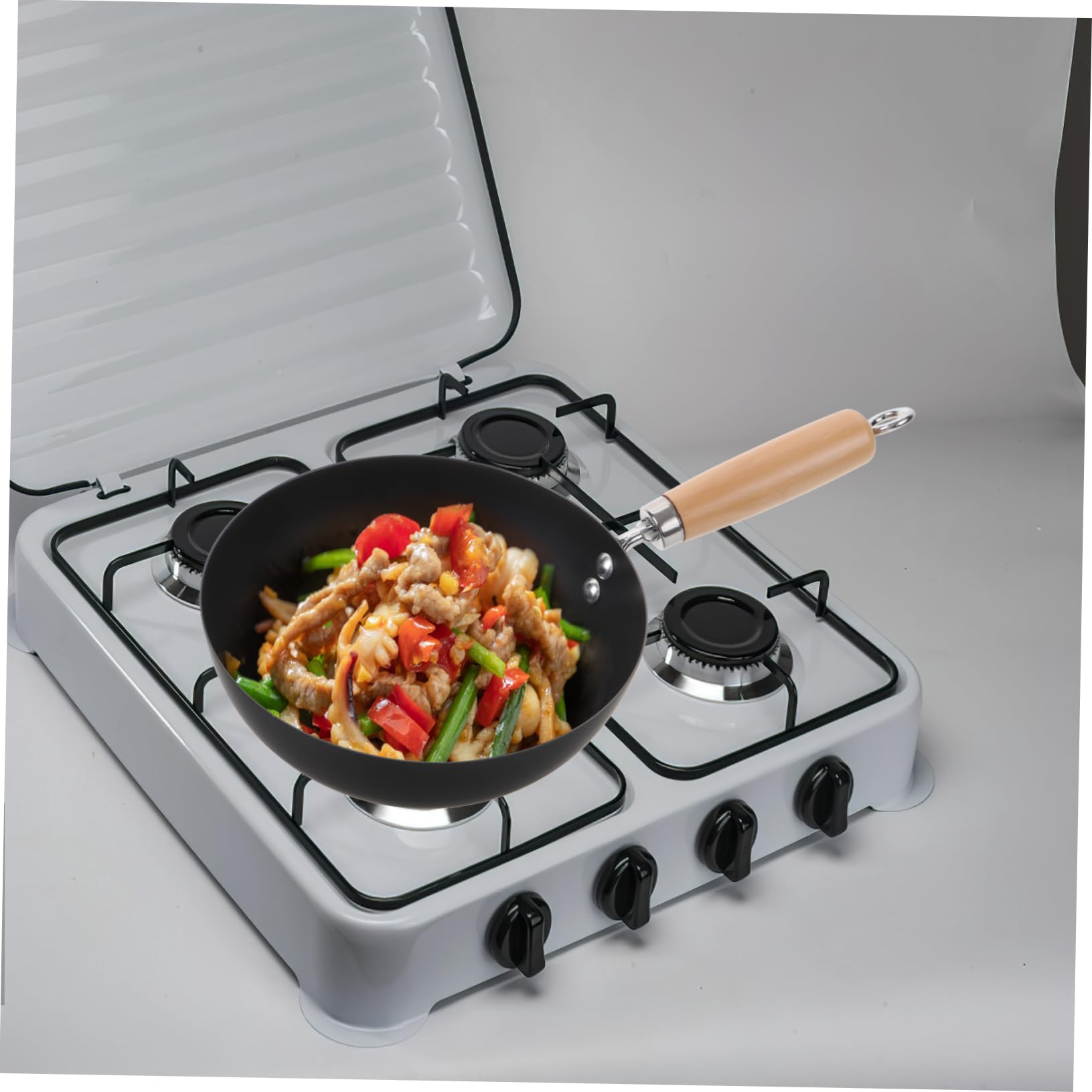 SOLUSTRE Kleiner Wok Traditionelle Wokpfanne aus Gusseisen Kochwok für Braten und Dämpfen Geeignet für Induction Gas und Elektroherde