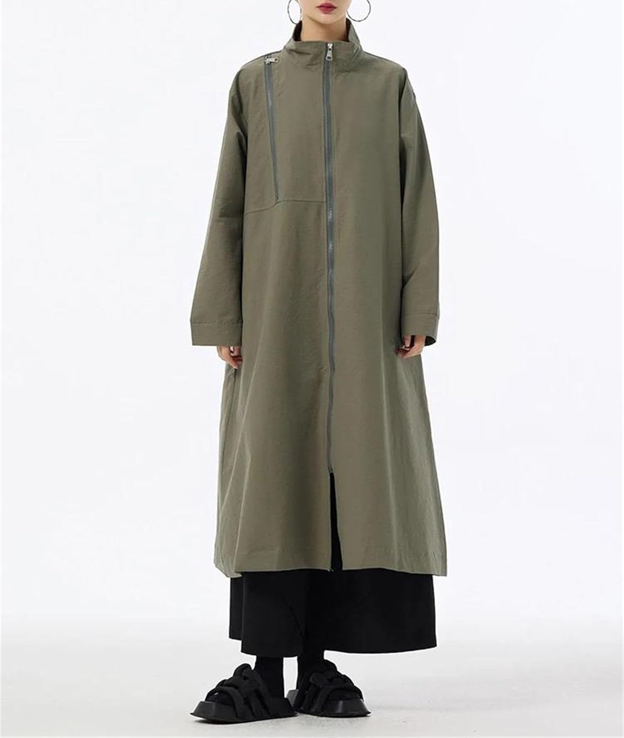 Women's Trench Coat Plus Size Long Coat Stand Collar Pocket Spring Fall Outerwear